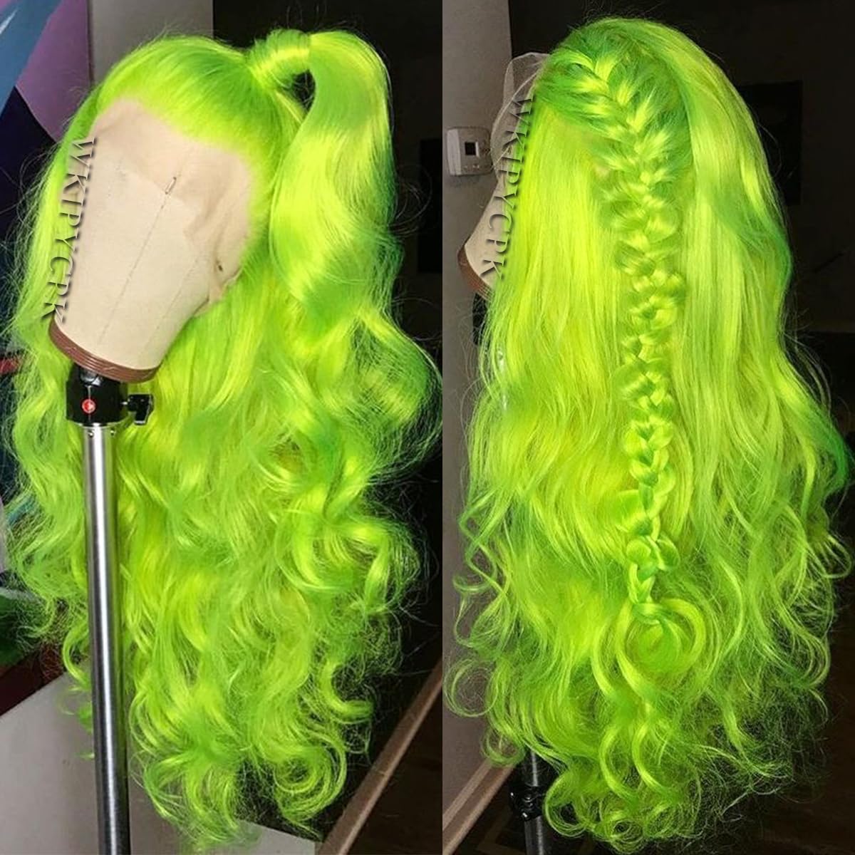 WKIPYCPK Fluorescent Green Synthetic Lace Front Wigs for Women 24 Inch Long Wavy Hair Bright Neon Green Lace Front Wigs Pre Plucked Heat Resistant