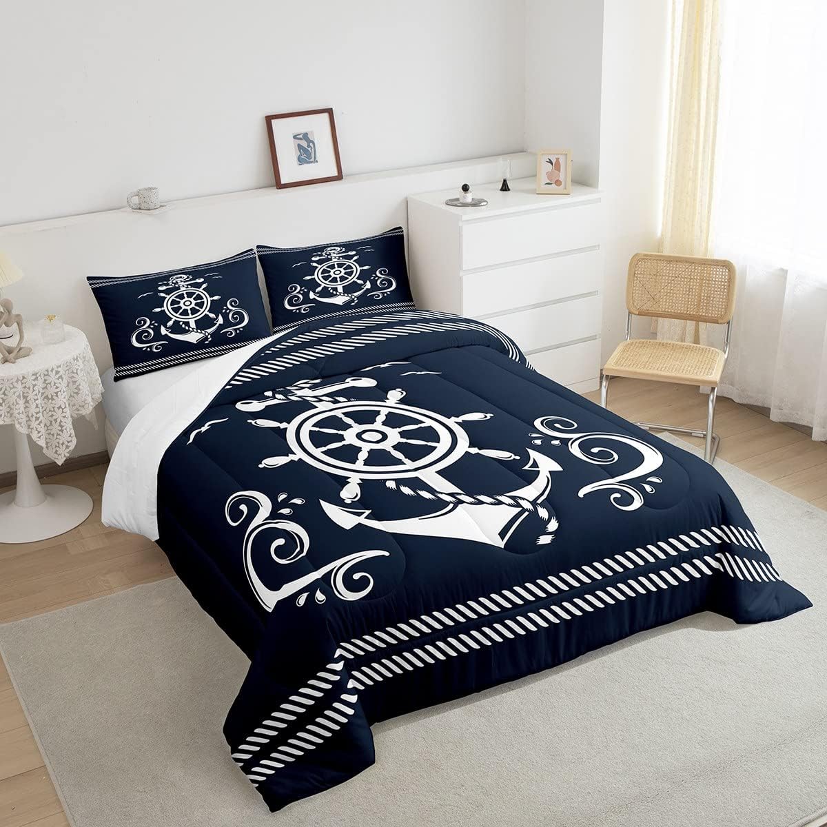 Erosebridal Nautical Anchor Bedding Set for Boys, Compass Adventure Comforter Set Coastal Compass Duvet Sets Ocean Sailboat Bedding Comforters for Kids Teens Adult Bedroom, Navy Blue(King Size) - Image 4