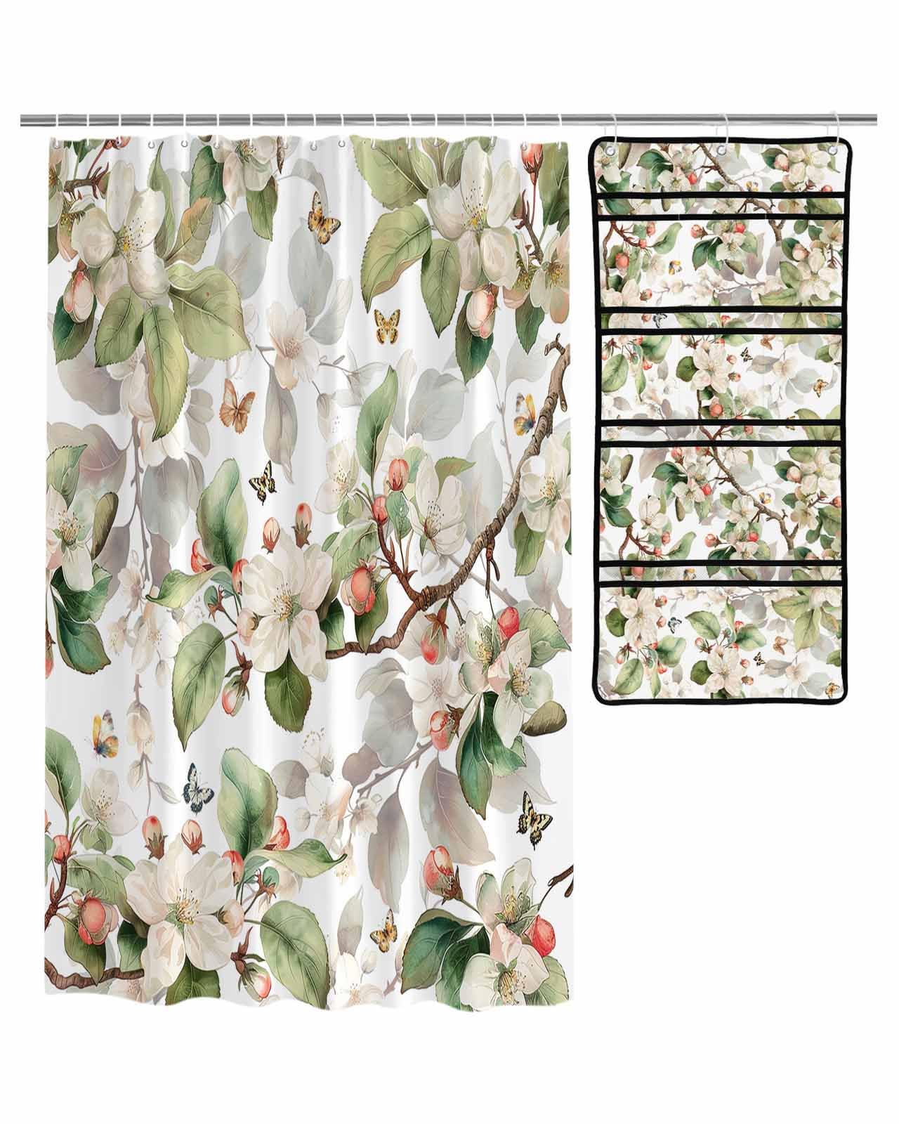 ZFUNCING Shower Curtain Mesh Shower Organizer Set Watercolor Blossom Floral Green Leaf Waterproof Bath Curtains Hanging Shower Caddy