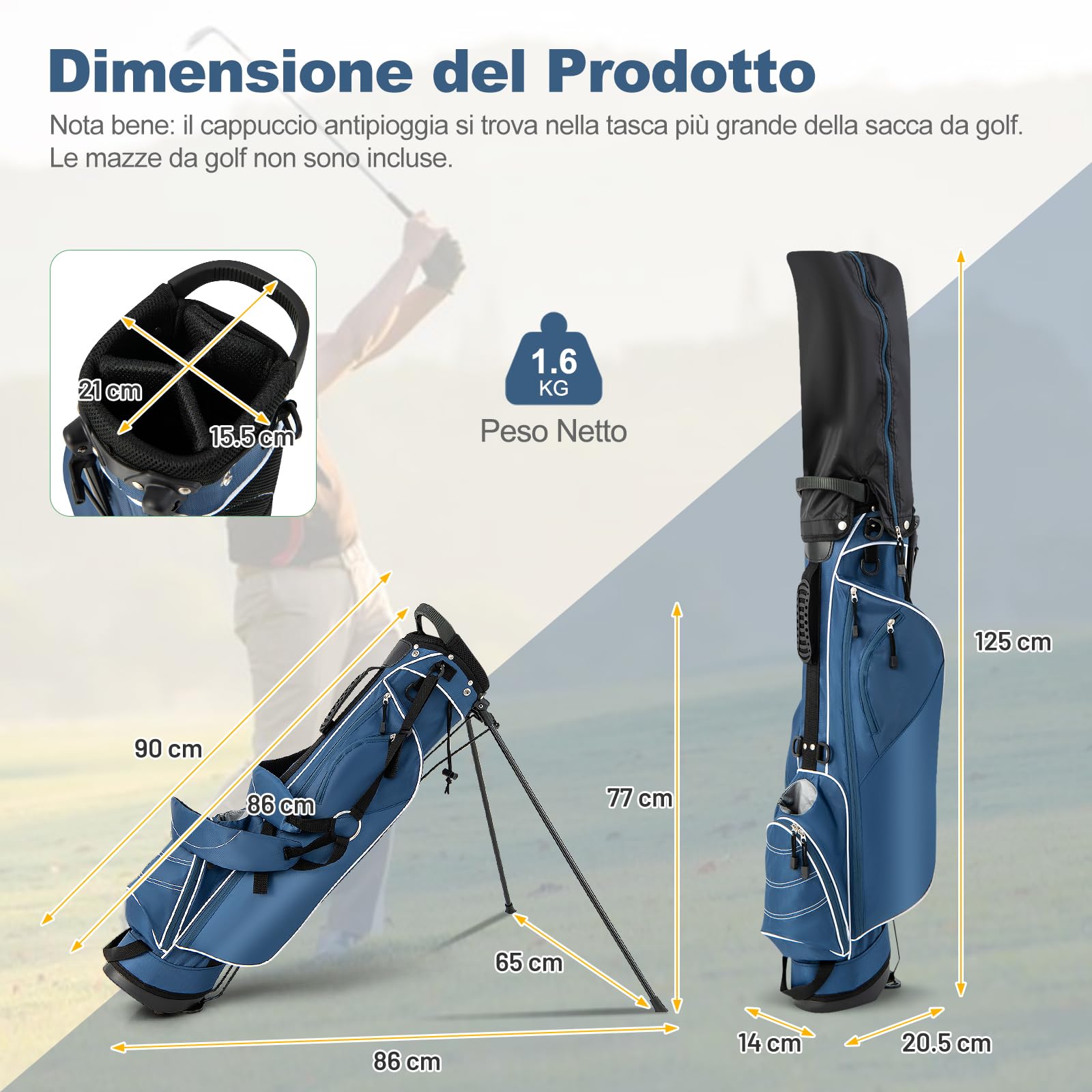 GYMAX Borsa da Golf, Sacca da Golf con Cavalletto, 20,5 x 14 x 125 cm