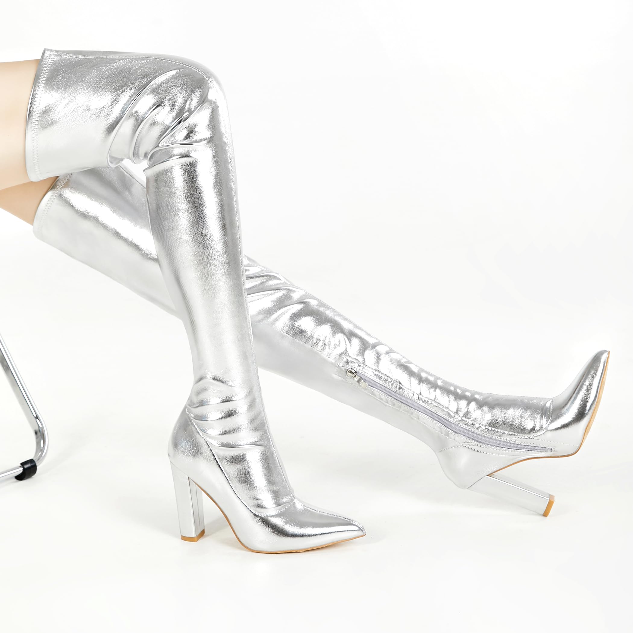 Damen Gogo-Stiefel mit spitzem Zehenbereich, klobiger Absatz, silber, 40 EU