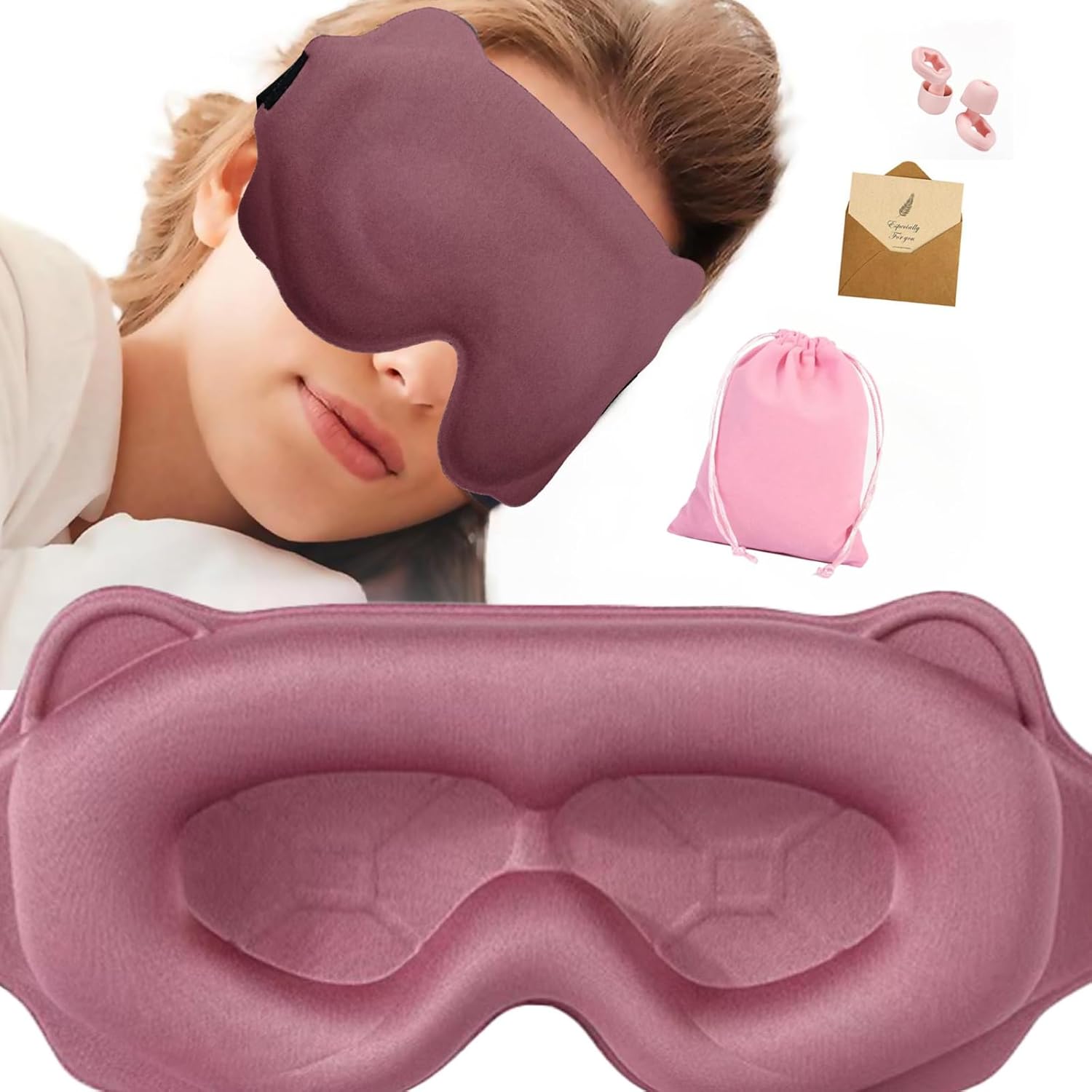 Ultra Soft Rose Gold Sleep Mask – 3D Cat-Shaped Eye Cover, Zero Light Leakage & Adjustable Strap | Includes 3 Earplugs, Gift Card & Travel Pouch – Perfect for Travel, Night Shifts & Daily Use