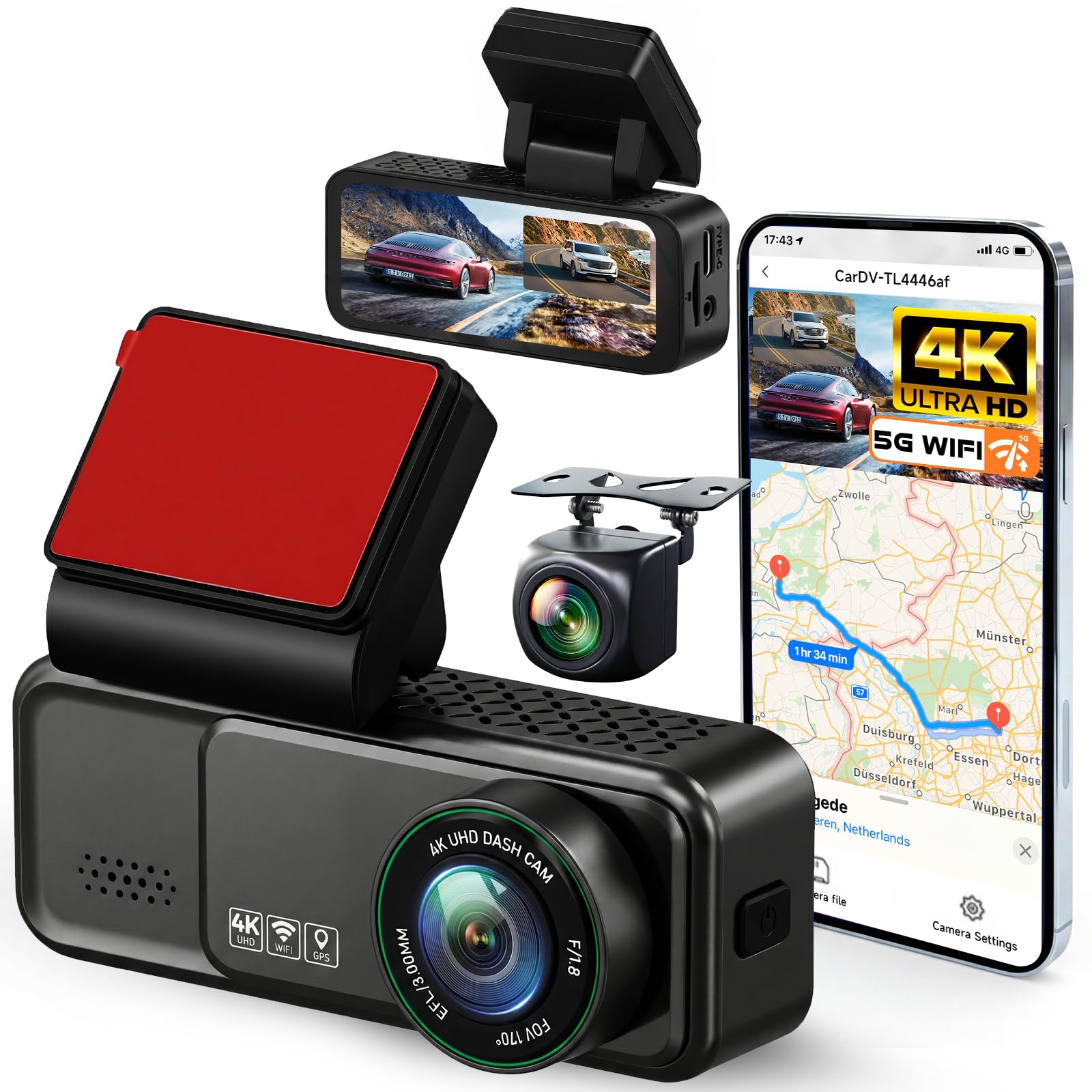 4k+2k dash cam front and rear, dual band wifi, dash camera for cars, with 5.8ghz wifi, gps tarcking, dash camera with night vision, g sensor, loop recording, support adas bsd lca