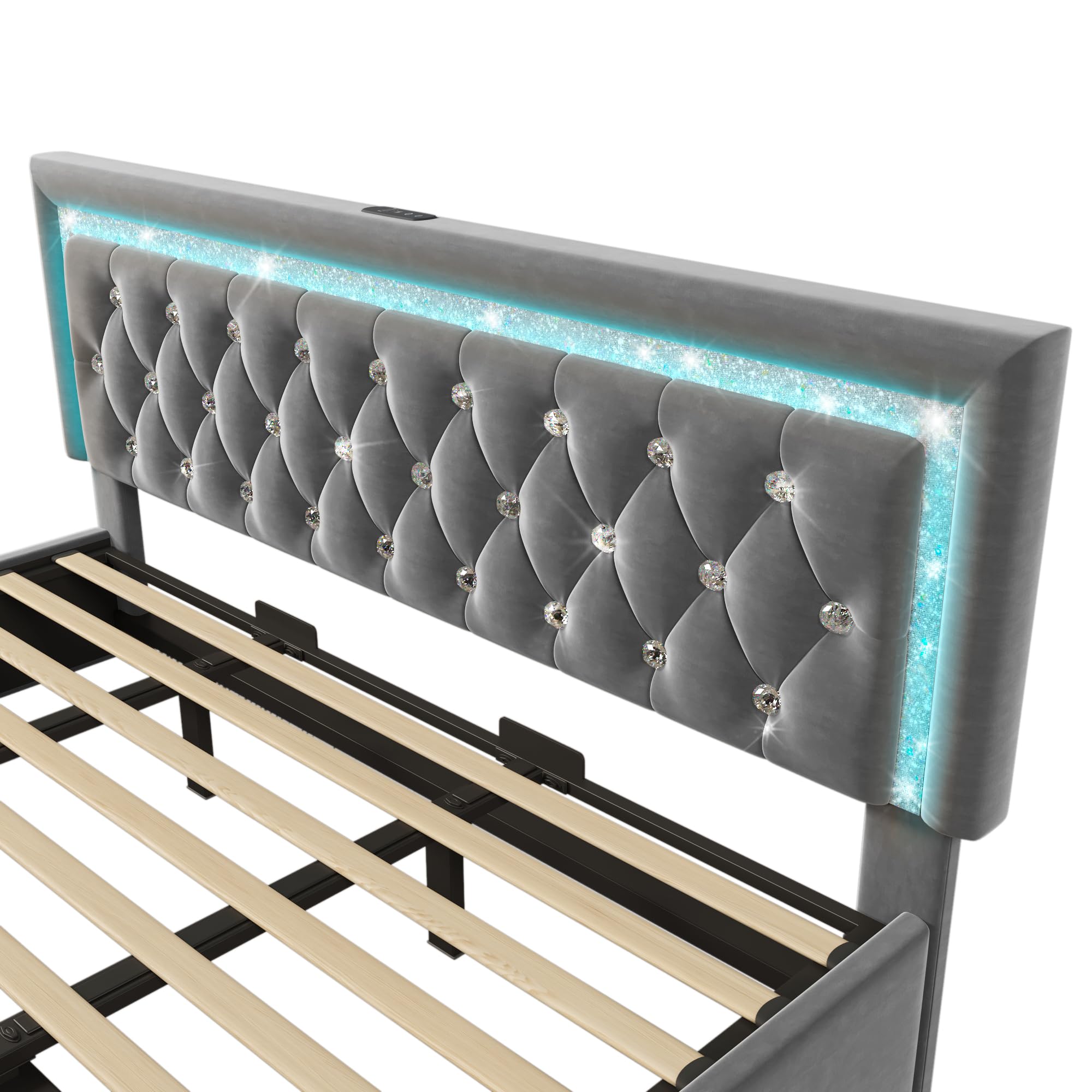 Łóżko tapicerowane 180 x 200 cm, aksamitne łóżko podwójne z paskami diamentowymi LED, stacja ładująca USB & Type-C, hydrauliczne łóżko do przechowywania, nowoczesne łóżko młodzieżowe ze