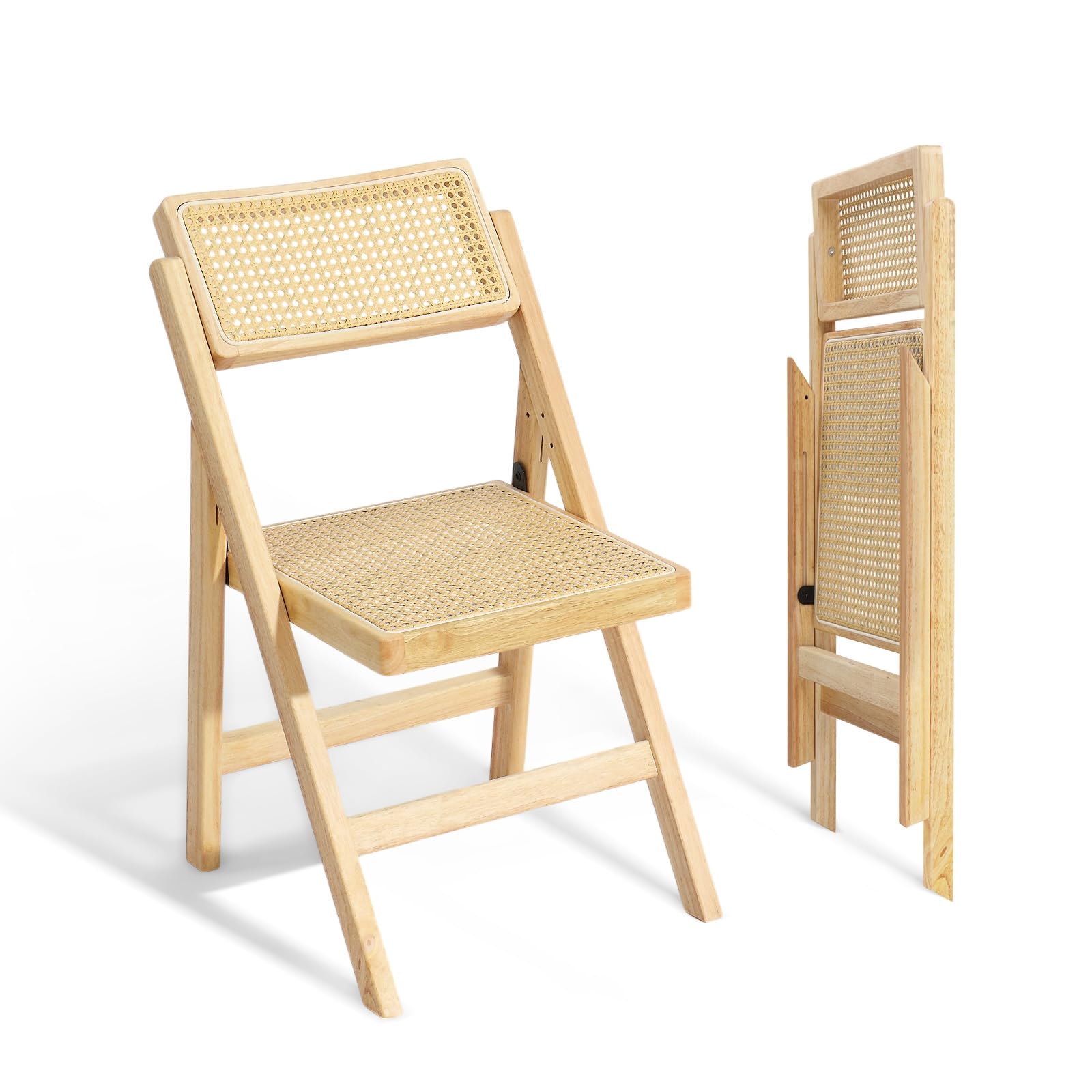 VINGLI Rattan Dining Chair, Wood Folding Chair with 360° Swivel Backrest, Rubberwood Frame and Rattan Woven Seat and Back, Natural Color, Set of 2
