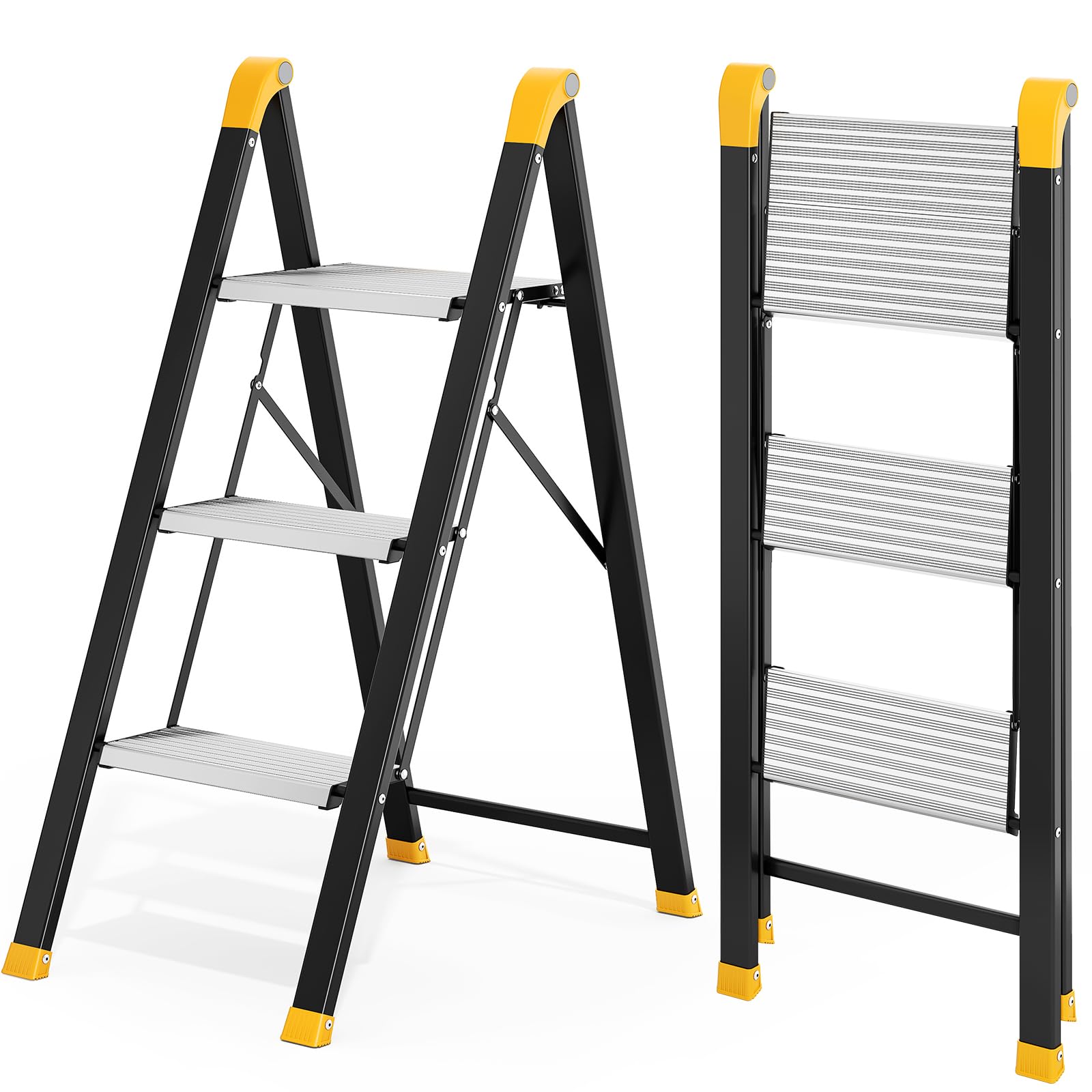 Kingrack Escalera 3 peldaños Aluminio Antideslizante, Capacidad 150kg Negro | Escalera taburete plegable aluminio peldaños antideslizantes, soporta 150kg, plata y negro, uso hogar cocina oficina