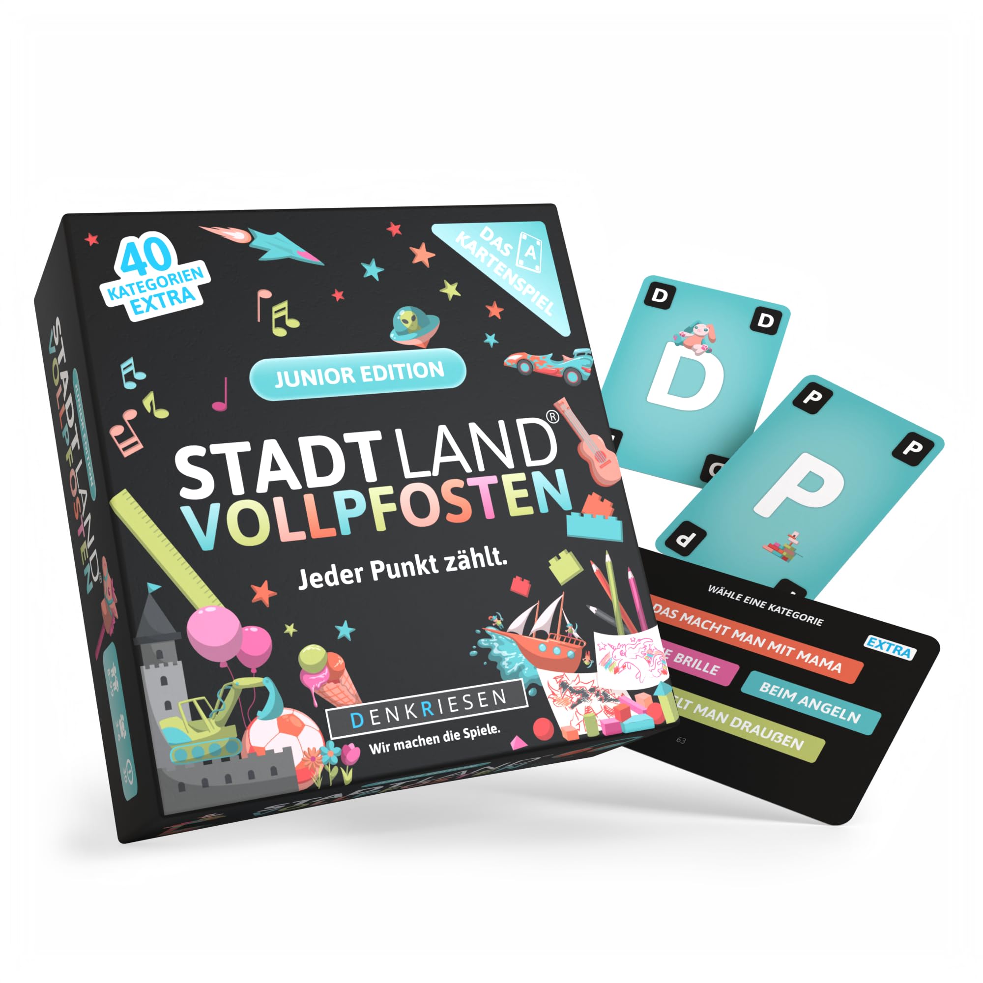 DENKRIESEN Stadt Land Vollpfosten® – Das Kartenspiel als Junior Edition | Gesellschaftsspiel für Familien | Kartenspiel ab 8 Jahren für 3-6 Spieler | Stadt Land Fluss mit 240 Kategorien