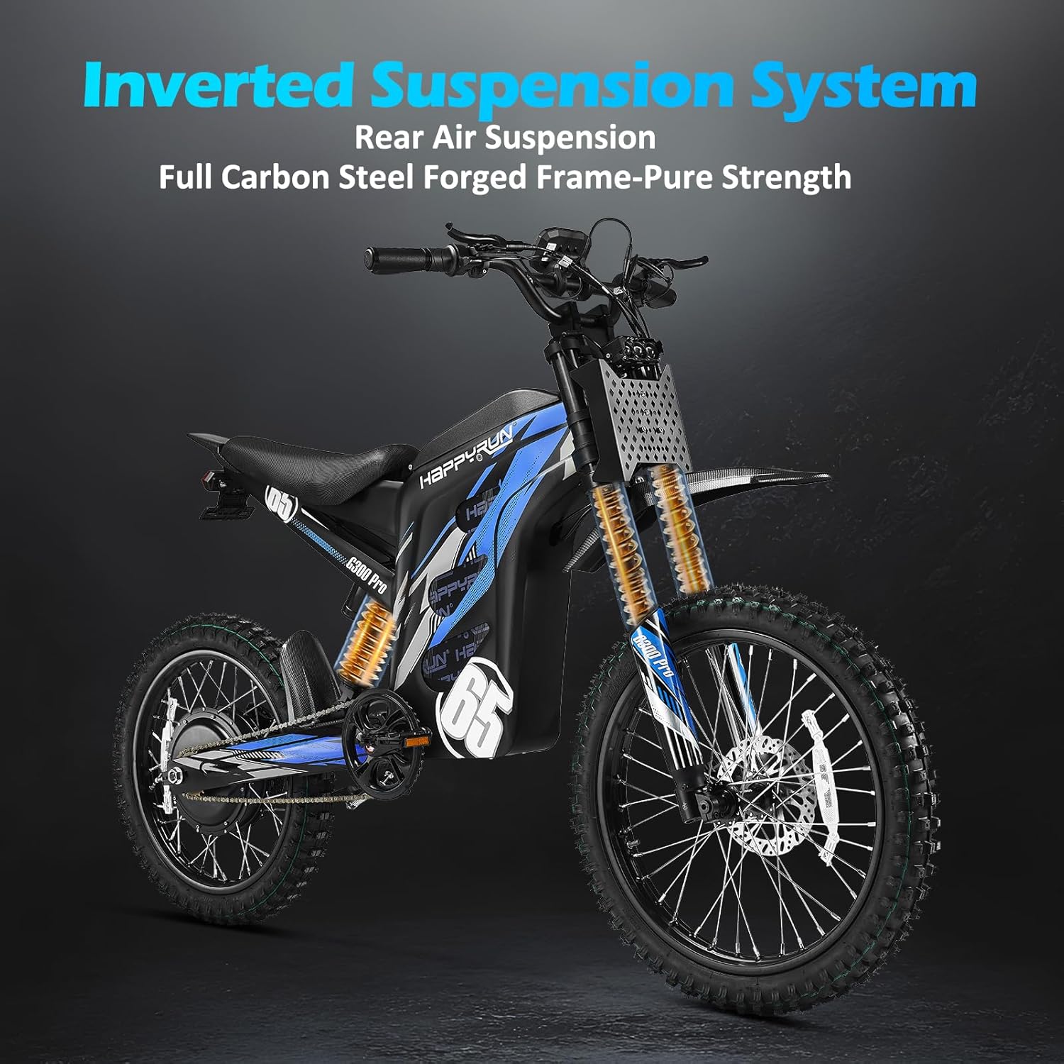 HAPPYRUN G300 Pro Electric Dirt Bike for Adults, 6500W Motor - 45° Slope, 50 MPH and 60-Mile Range 72V/30Ah Removable Battery, Hydraulic Brakes & Full Suspension Electric Motorcycle