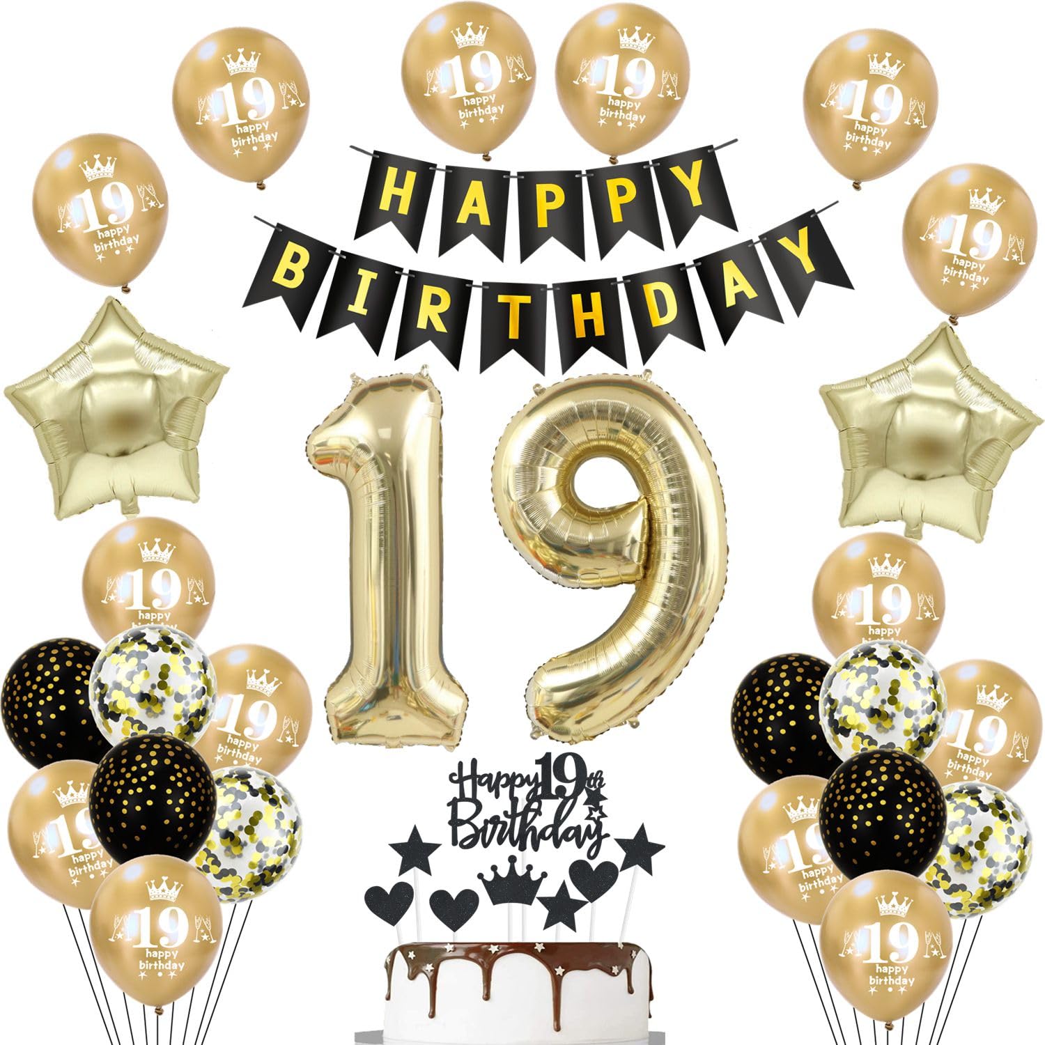 Balloon 19 Years Birthday Girl Boy Black Gold Decorations Birthday 19 Years Girl Boy Balloons, Giant Foil Balloons Number 19, Happy Birthday Banner