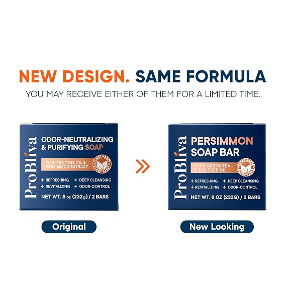 ProBliva Japanese Persimmon Soap Bar for Body Odor: Purifying & Odor-Neutralizing for Old People Smell with Tea Tree Oil & Green Tea - Deodorizing Aging Odor for Men & Women - 4 Bars
