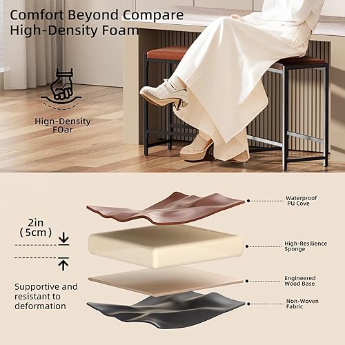 Miniatura 6 de Taburetes de bar, juego de 2 sillas de bar, taburetes de cocina con reposapiés, cuero sintético moderno de mediados de siglo, 25 pulgadas de alto,