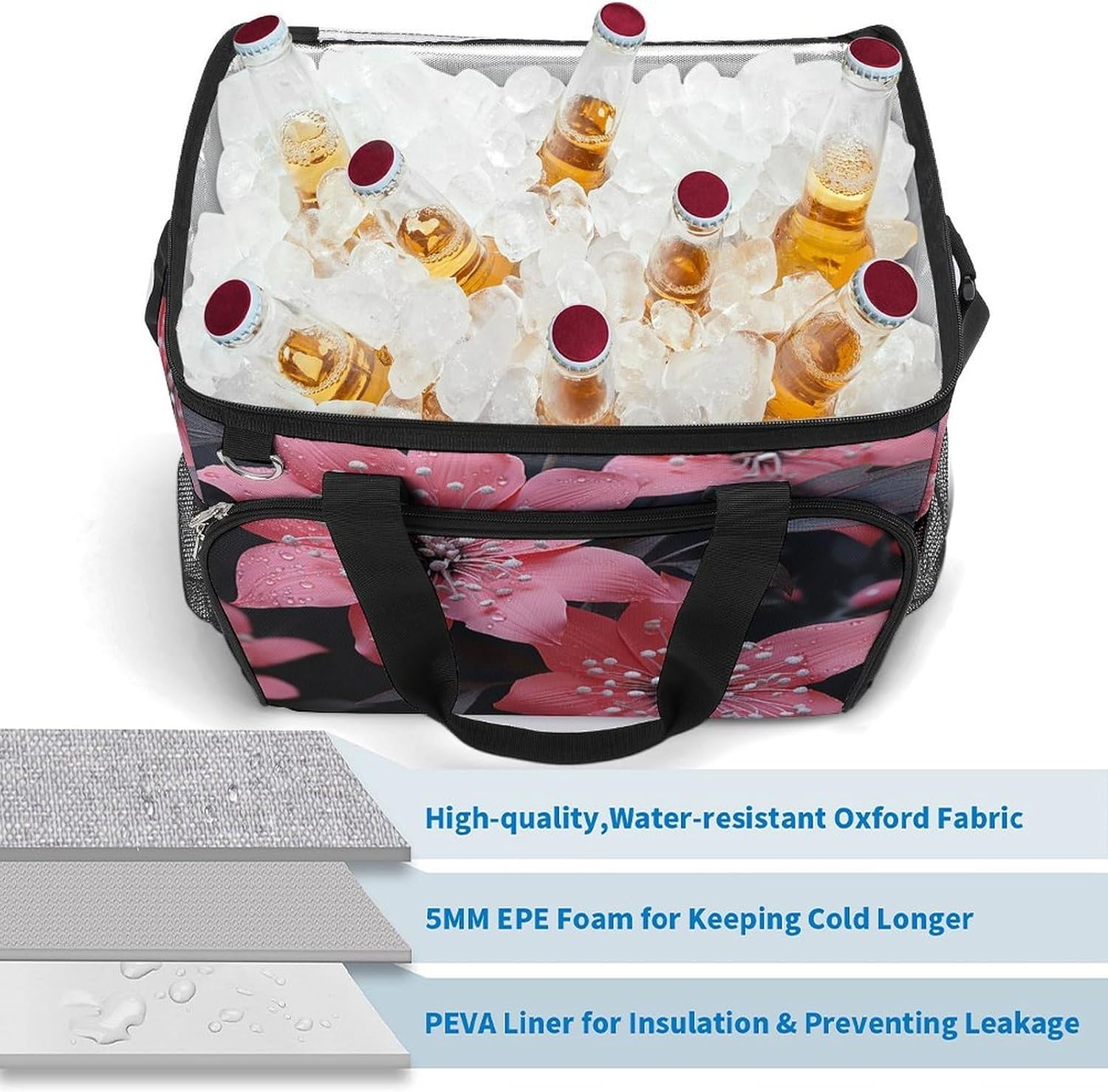 Large Capacity Oxford Cloth Pink and Black Flower Printed Camping Ice Bag, Outdoor Portable Insulation and Cooling Bag, Suitable for Outdoor Camping and Picnics