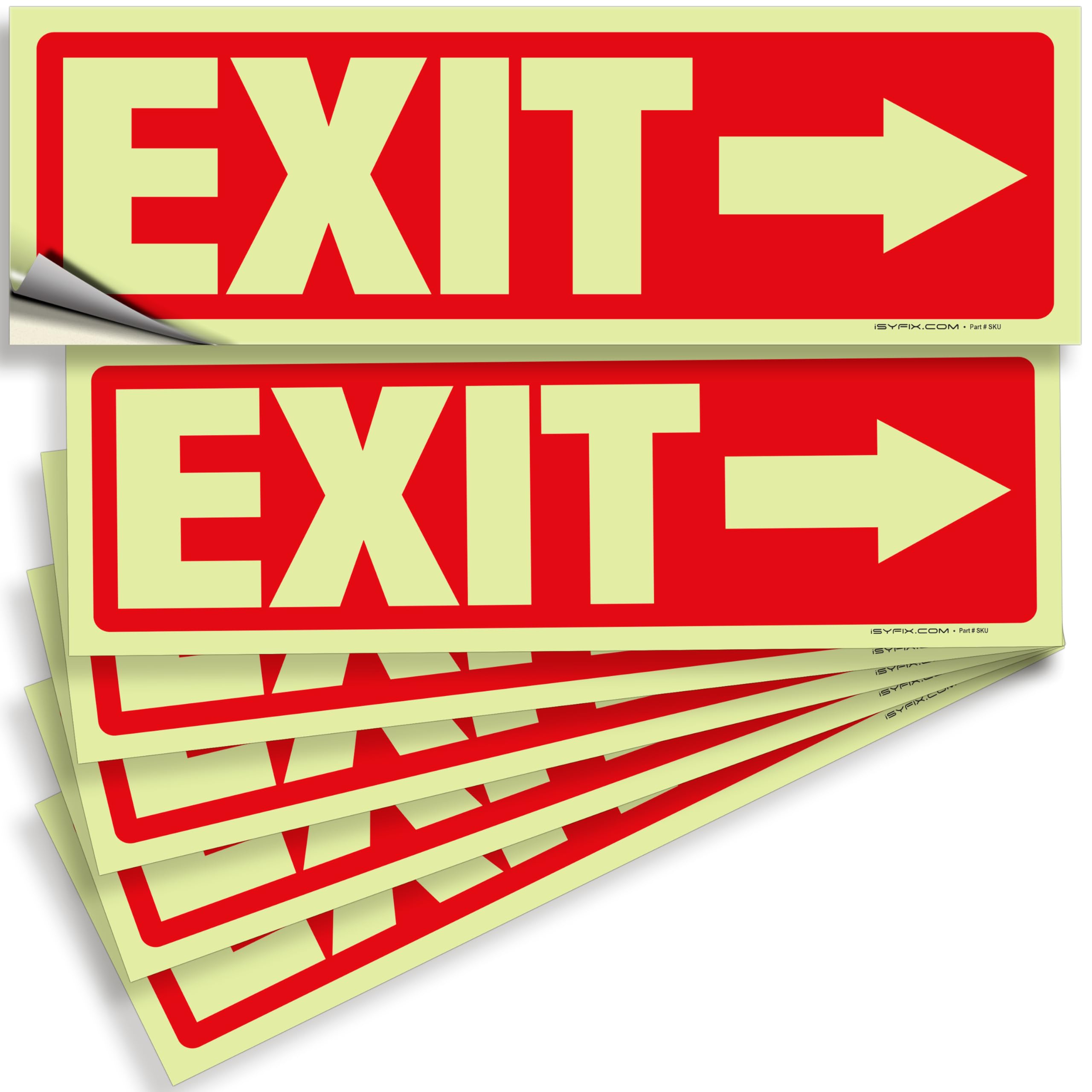 iSYFIX Exit Stickers Signs with Directional Right Arrow 6 Pack 12x4 Inch - Glow in the Dark Photoluminescent Vinyl for Office, School, Business,