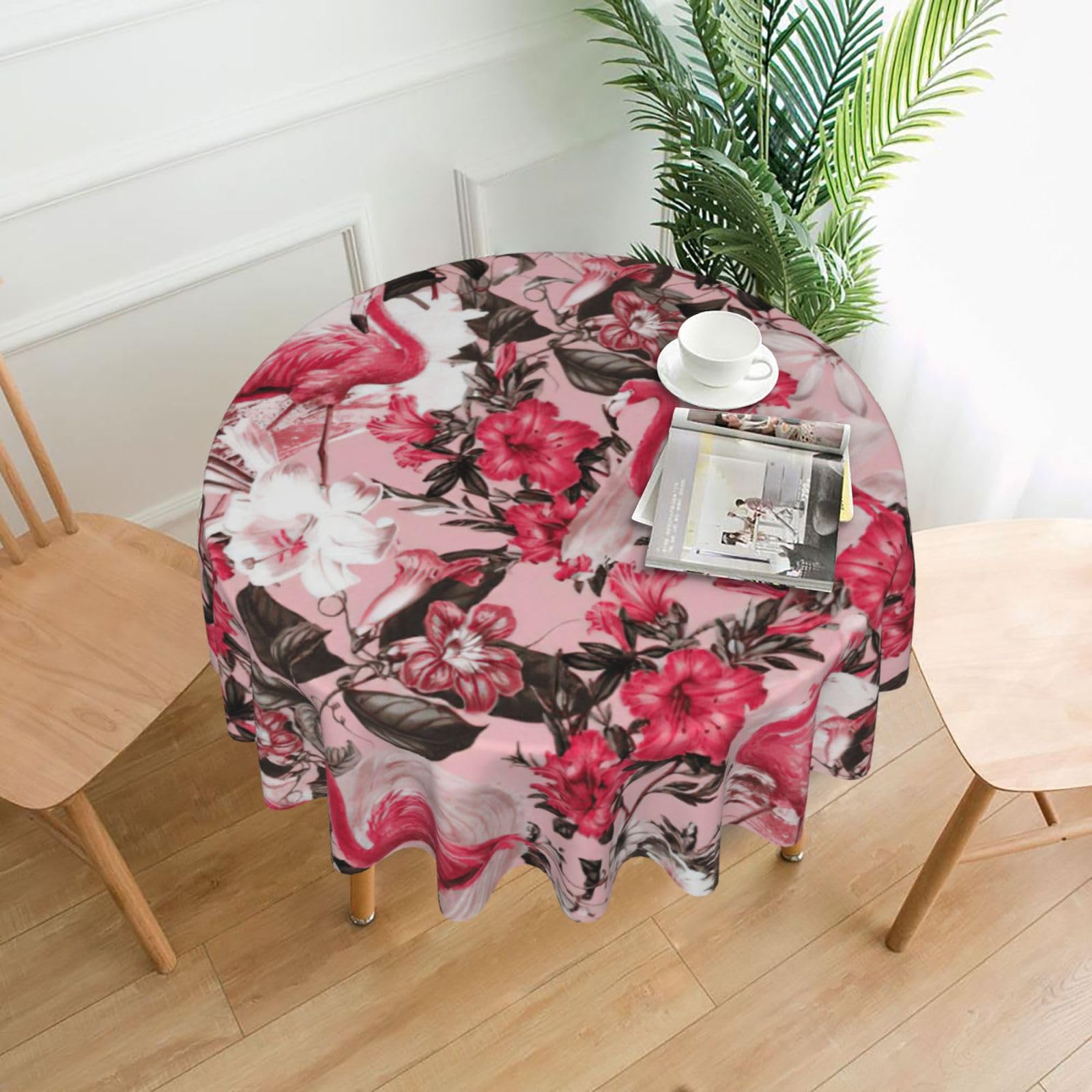 OXbnmm Flamingo Floral Printed Print Soft Round Tablecloth 60in Polyester Washable Cover Cozy Gift for Mom Housewarming