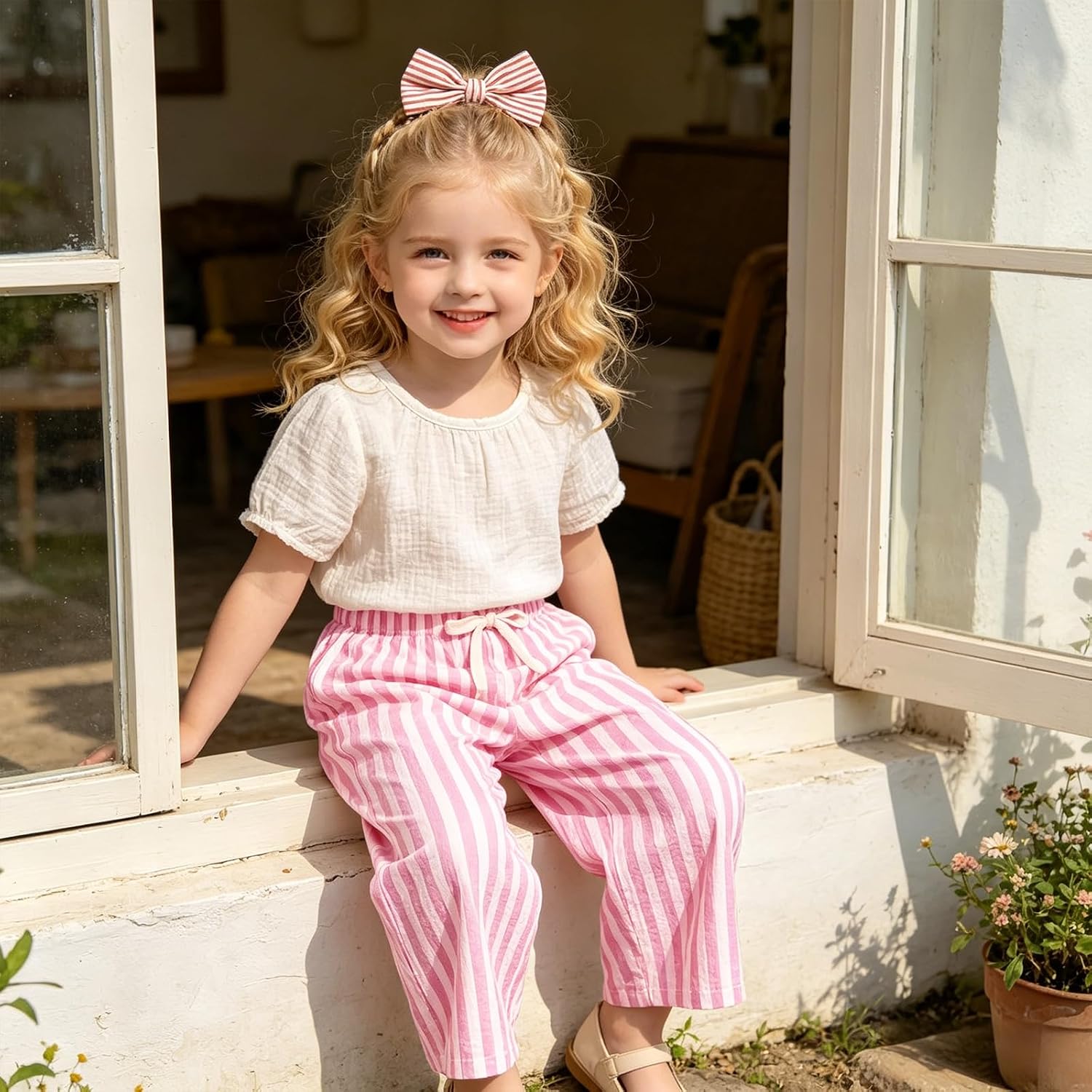 IZYJOY Toddler Girl Boy Pants Striped Wide Leg Casual Pant 2 Pack Elastic Waist Summer Fall Trousers Kids Loose Long Pants