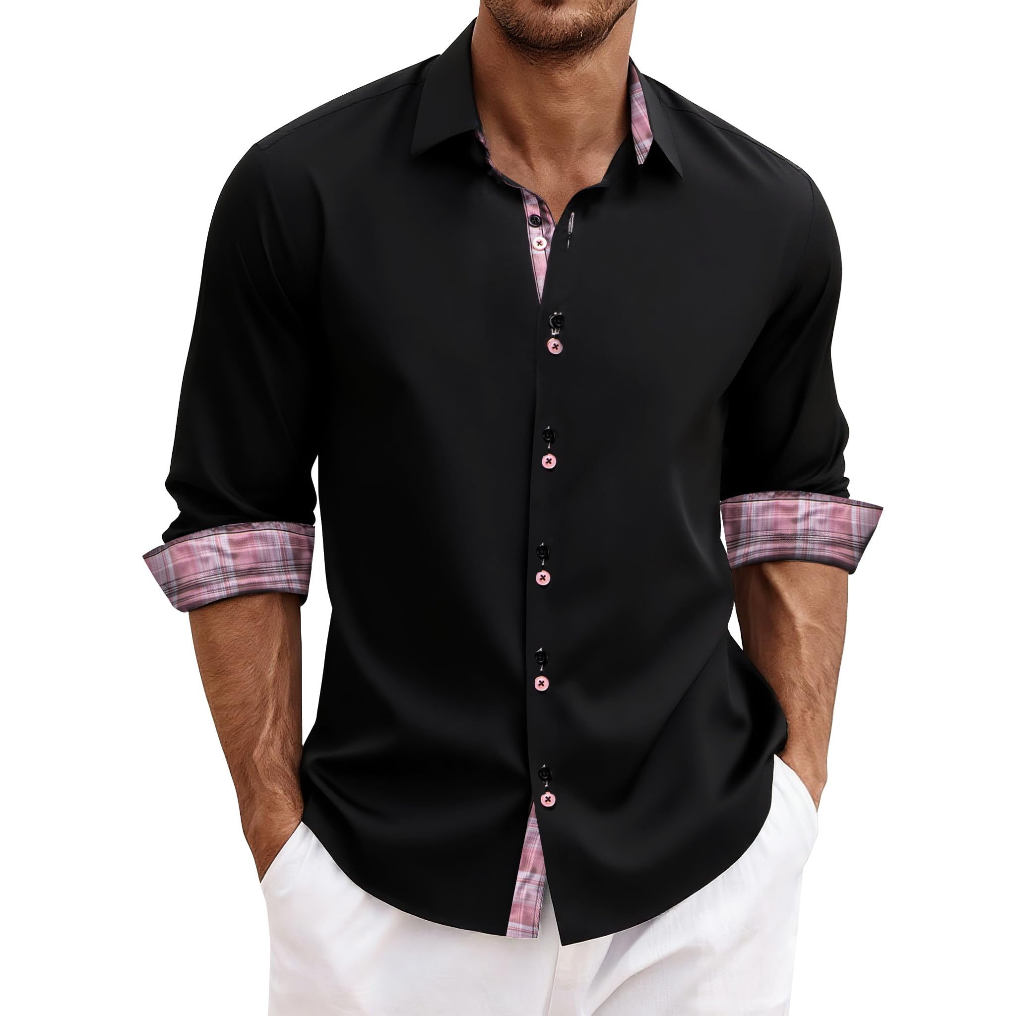 DiBanGu Men's Dress Shirt Long Sleeve Casual Button Down Shirts Regular Fit Inner Contrast Shirt for Business Party