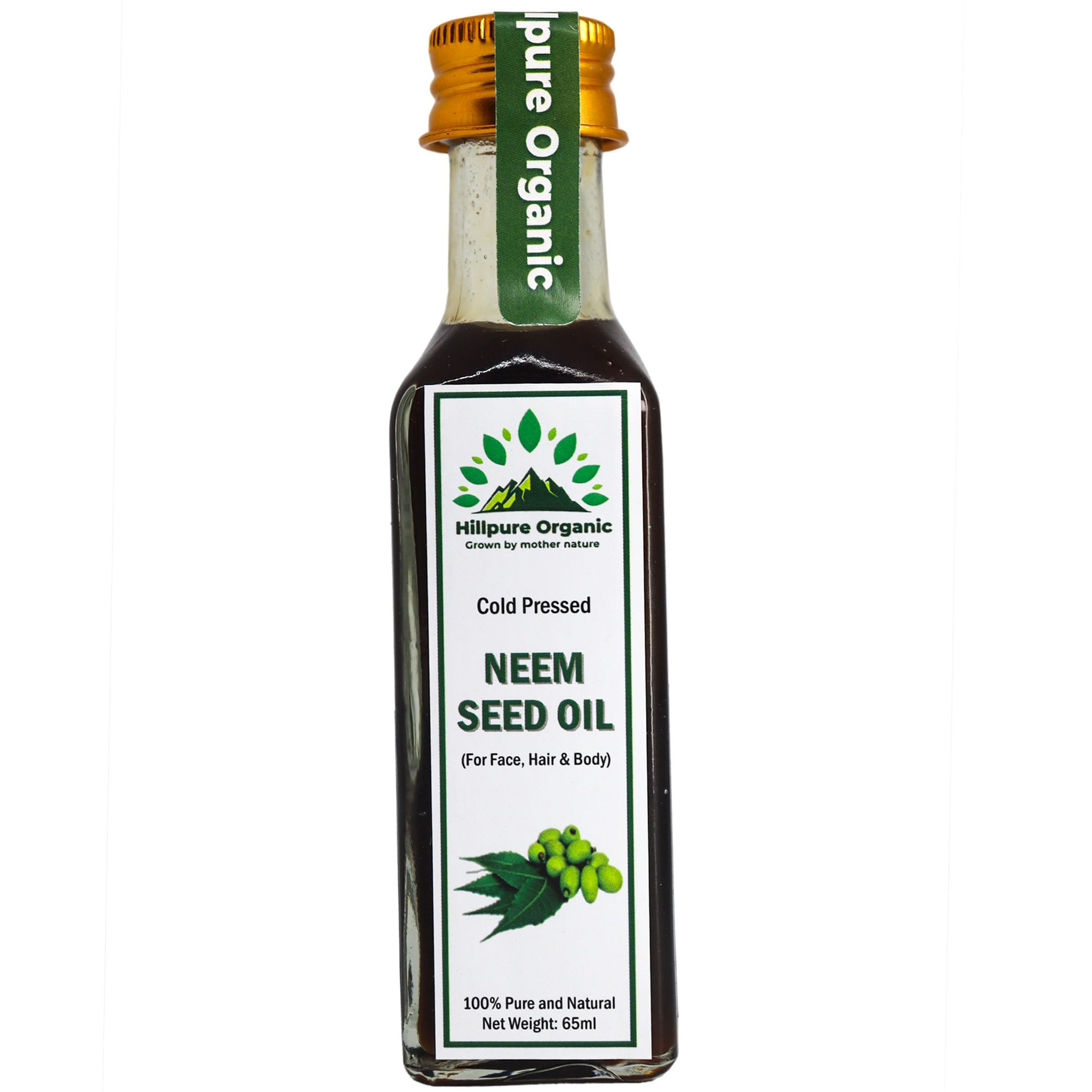 Hillpure Organic Grown by mother nature Premium Cold Pressed Neem seed Oil,100% Pure & Natural for Face, Hair & body (65 ml, Glass Bottle)