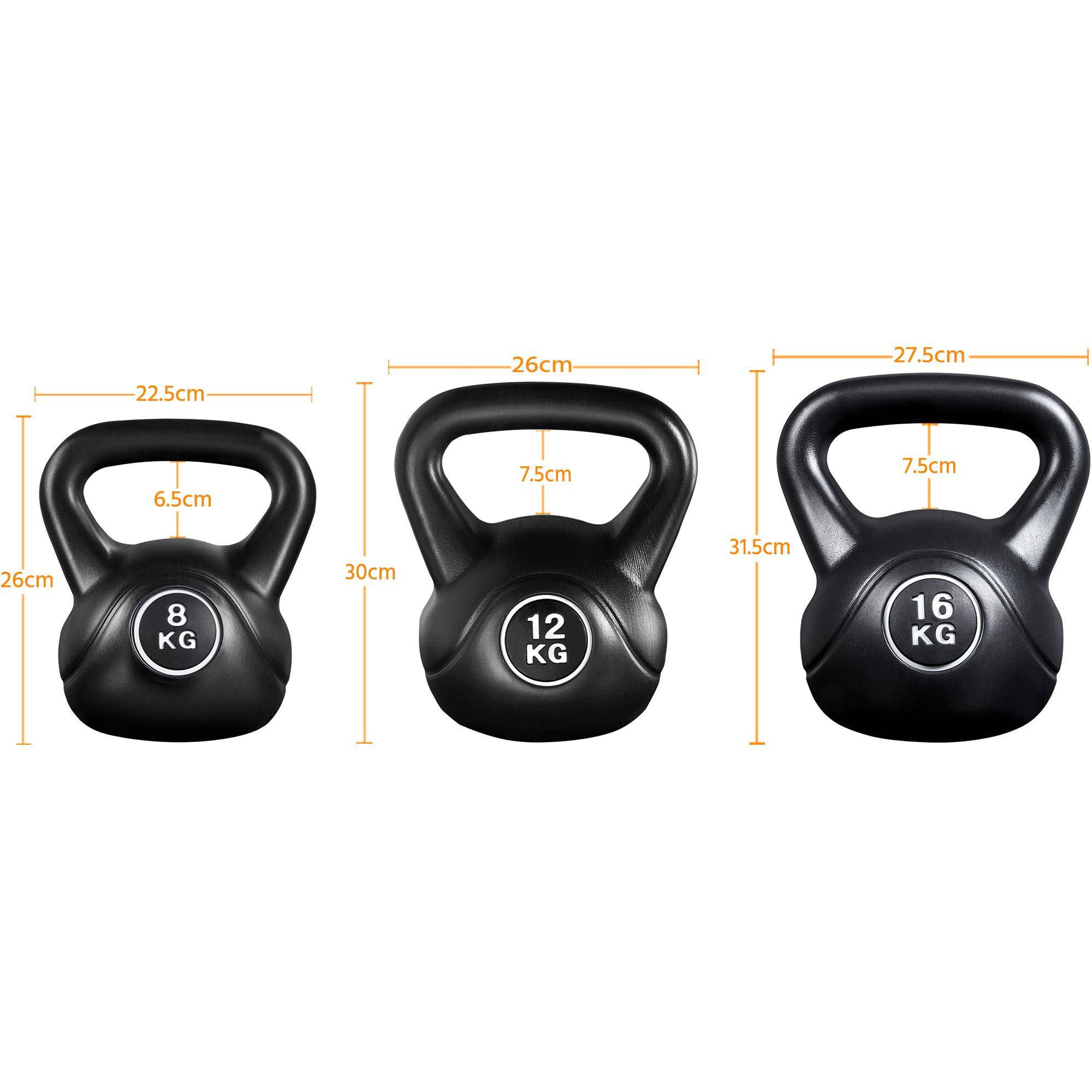 Yaheetech Ensemble de Kettlebells 8kg & 12kg & 16kg 3 Kettlebells Revêtus de HDPE pour la Salle de Sport à Domicile Musculation l'haltérophilie Noir