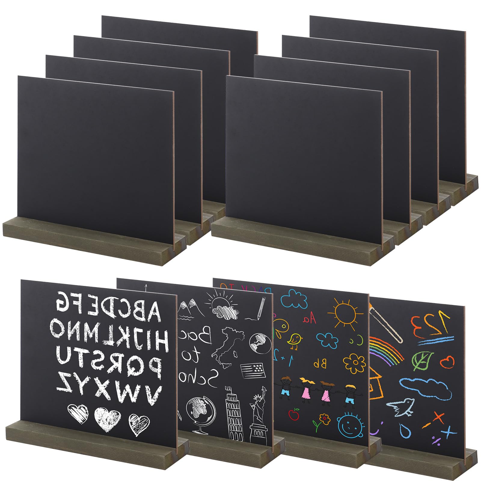 WENLISELL 12 PCS Mini Blackboard with Stand, 15 x 13cm Double Sided Small Wooden Blackboard Signs, Removable Chalkboards for Message Signs, Weddings, Tabletop Boards