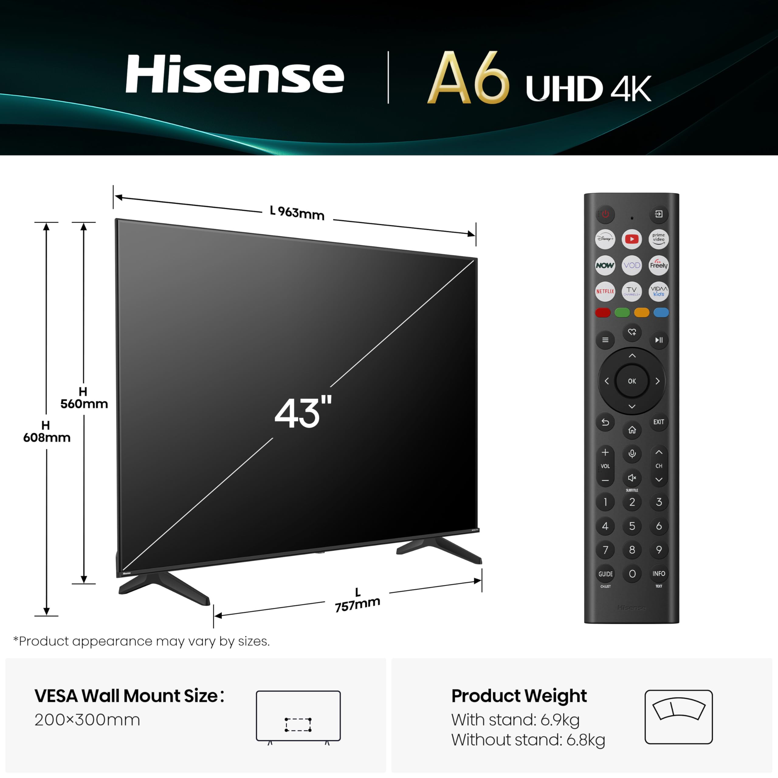 Hisense 43" 43A6QTUK 4K Ultra HD Smart TV AI TV - 4K UHD, Hi-View AI Engine, Precision Colour, AI Smooth Motion, Sports Mode with Freely, Disney +, YouTube, Netflix — view 4