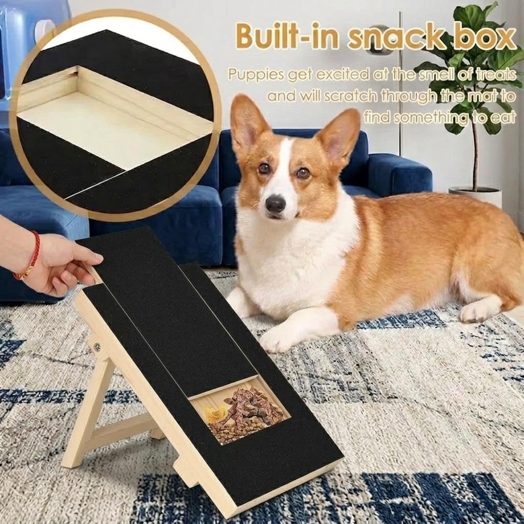 Dog Nail Scratch Board - with Treat Draw - Dog Scratch Pad for Nails, Durable Wooden Nail Filing Board with Treat Drawer, (for All Dogs Sizes, Foldable)