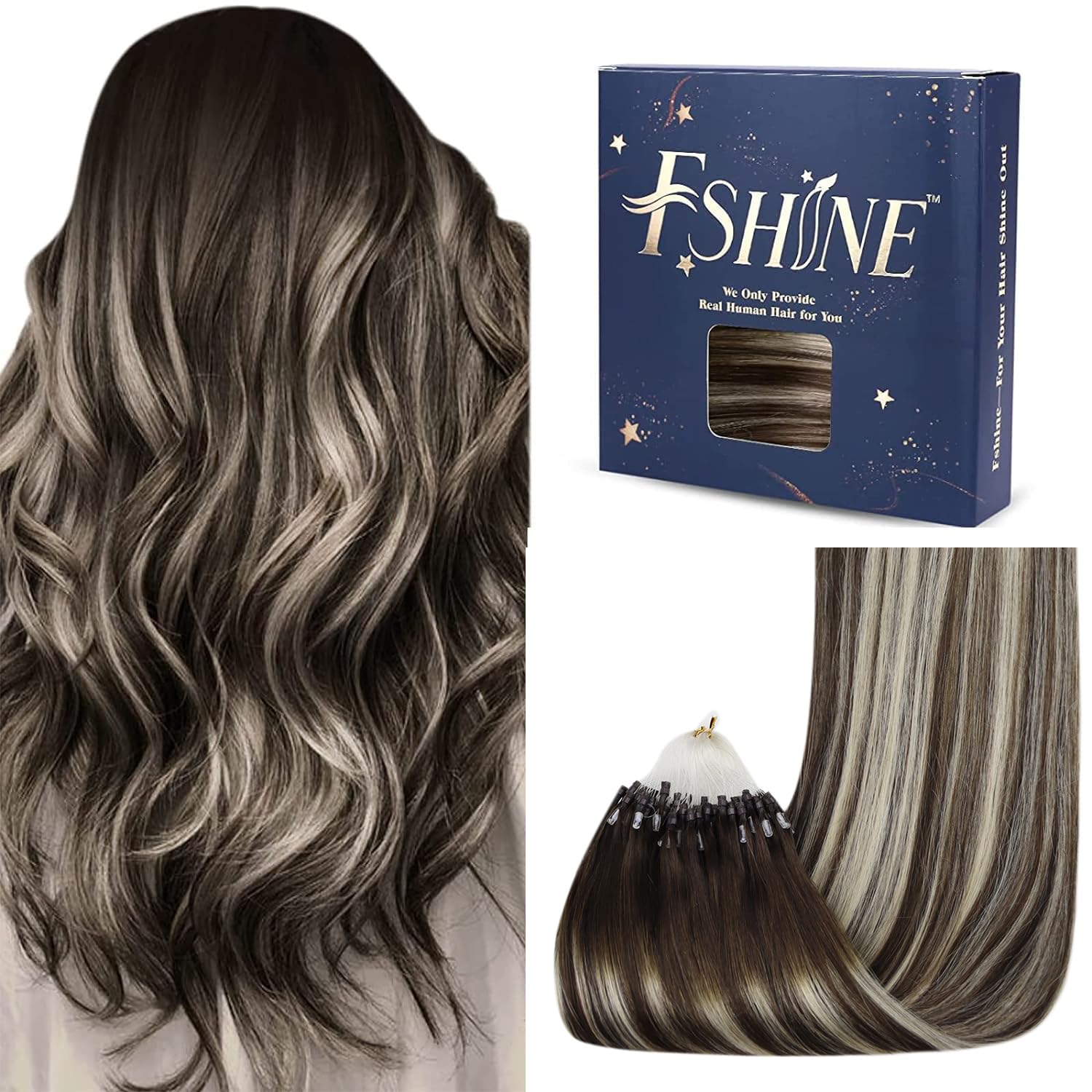 Fshine Human Hair Extensions Micro Links 20 Inch 50g Remy Hair Invisible Micro Ring Extensions Brunette Brown to Platinum Blonde and Darkest Brown Balayage Extensions Straight Hair for Women 1g/s