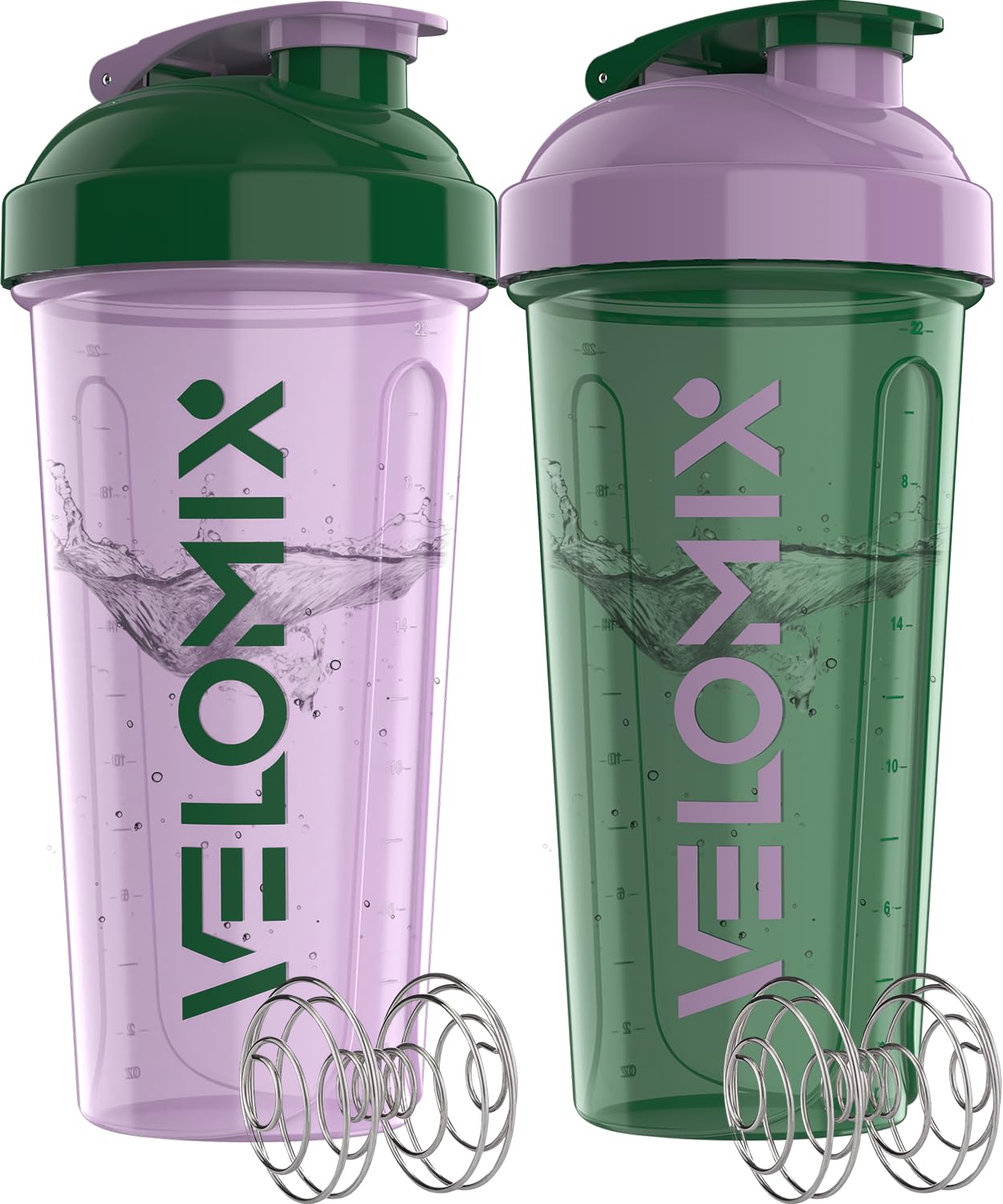 VELOMIX 2 Pack 28oz Protein Shaker Bottle for Protein Mixes, Flower Set | 2x Wire Whisk, Leak Proof Shaker Cups for Protein Shakes, Stackable, Dishwasher safe, BPA free, Pre Workout and Fitness ready C3) Green / Pink