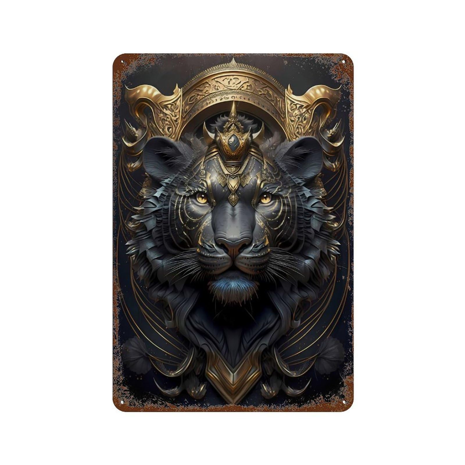 Rust Effect Black Tiger King Art Deco Weathered Tin Sign 11.8"x7.9", Novelty Wall Decor for Office, Studio And Wall Decor