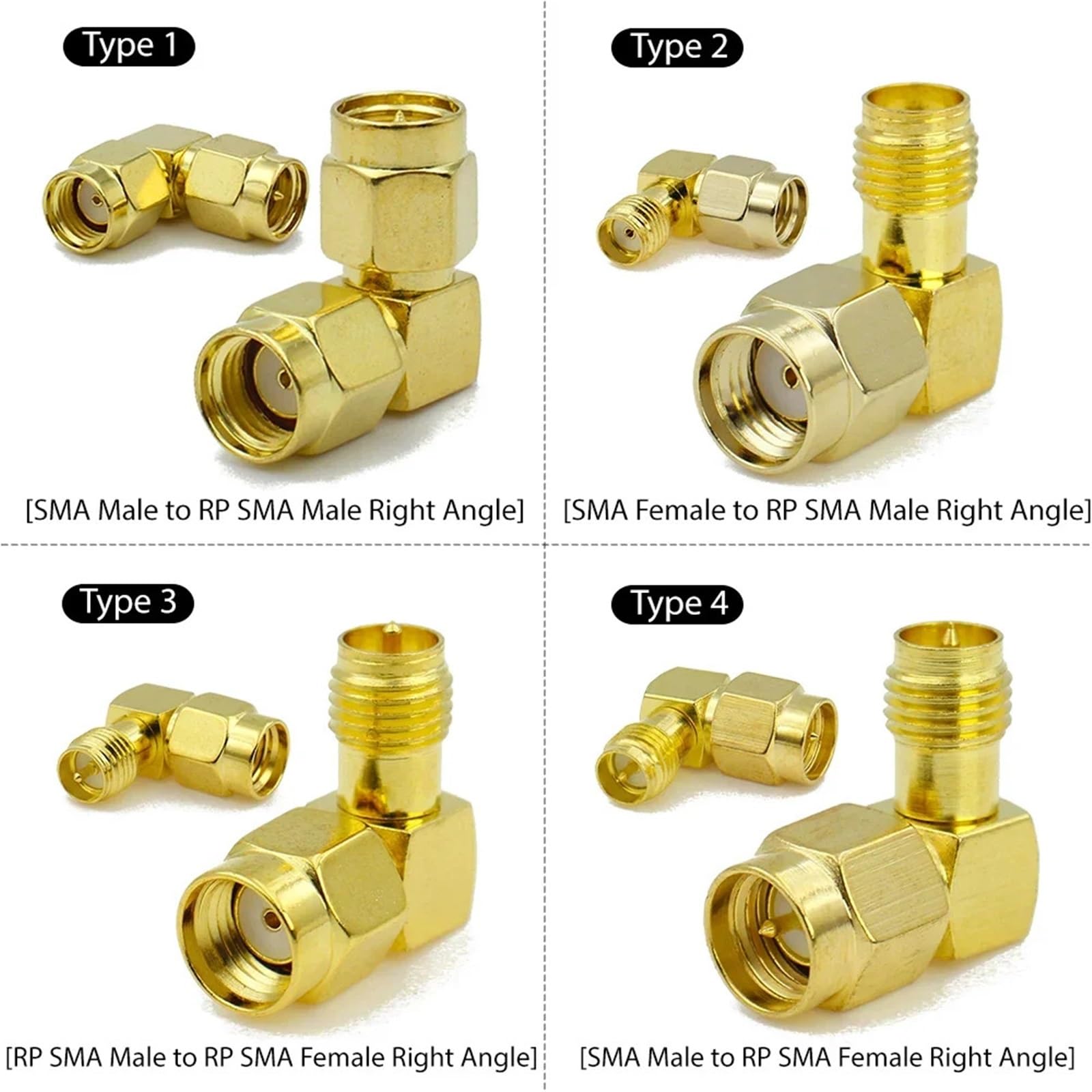 Lot de 5 adaptateurs coaxiaux RP-SMA mâle vers prise femelle RPSMA à angle droit de 90 degrés (type 4, 5 pièces)