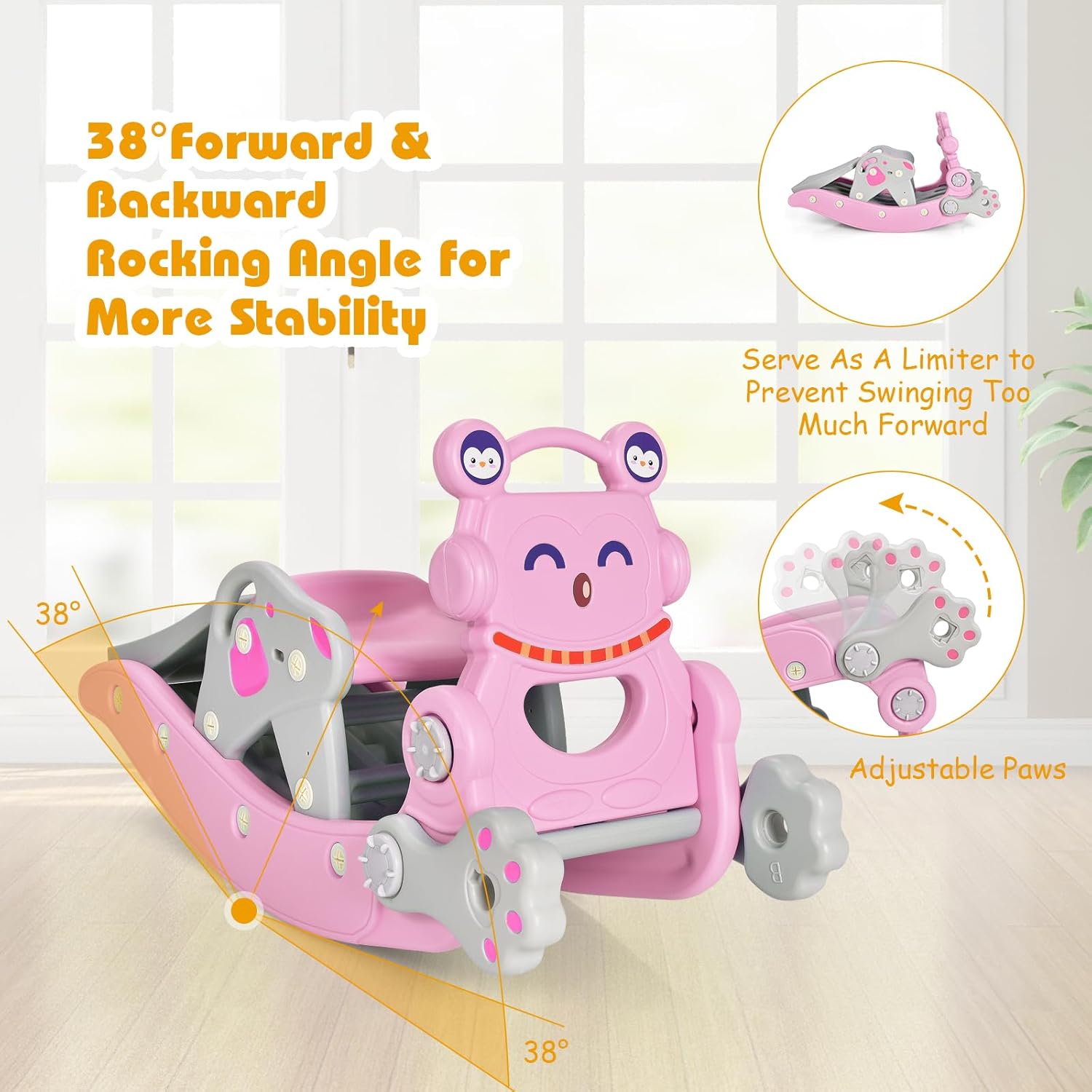 Costzon 5 in 1 Toddler Slide Rocking Toy, Slide for Kids with Detachable Stool, Basketball Hoop and Ring Game, Foldable Climber Playground Slide for Both Indoors Outdoor Use (Pink Penguin)