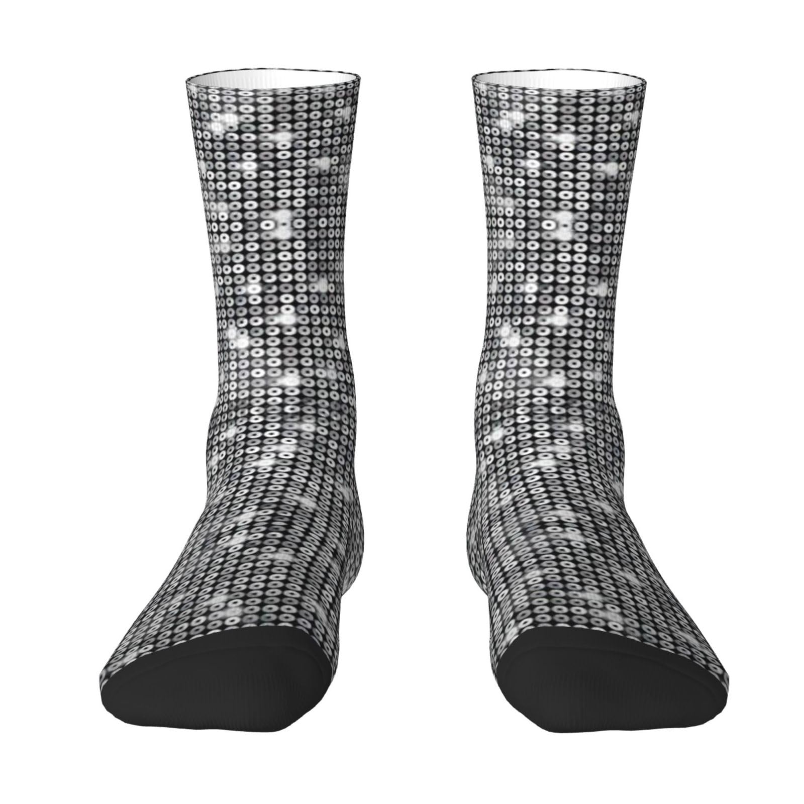 Silver Sequin Sparkle Pattern Color-Clash Mid-Calf Socks – Bold Full-Print Design With Black Toe Contrast For Unmatched Style And Comfort