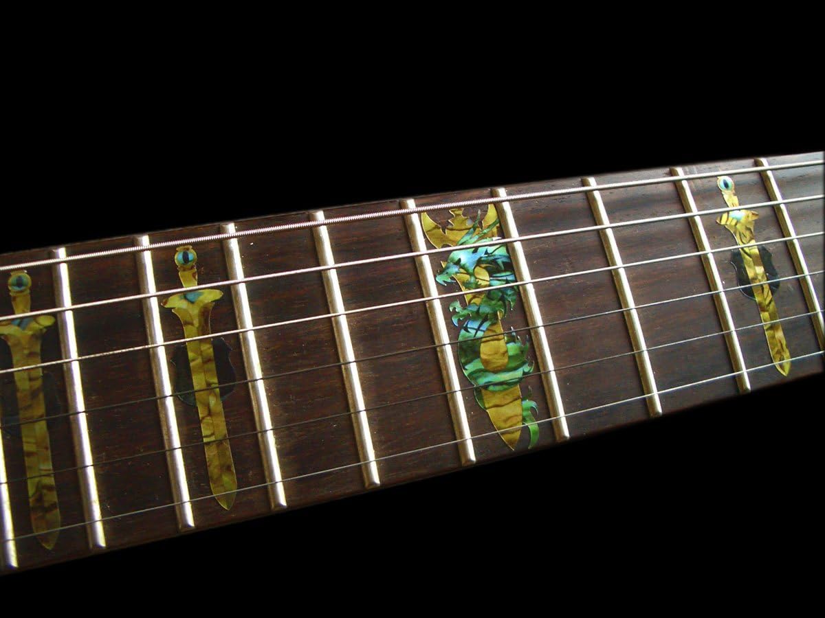 Inlay Sticker Fret Markers for Guitars & Bass - Swords with Dragon - Ocher