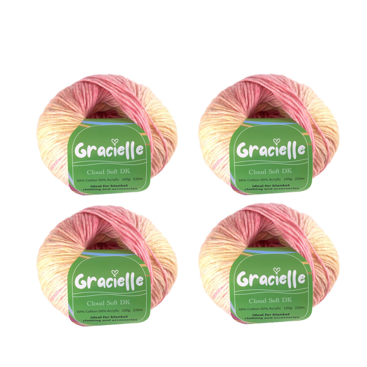 Gracielle Cloud Soft DK Yarn, 100g (220m) Gradient Ombre Cotton-Acrylic Blend, for Crochet and Knitting, Double Knitting Yarn for Blanket, Jumpers, top or Cardigan