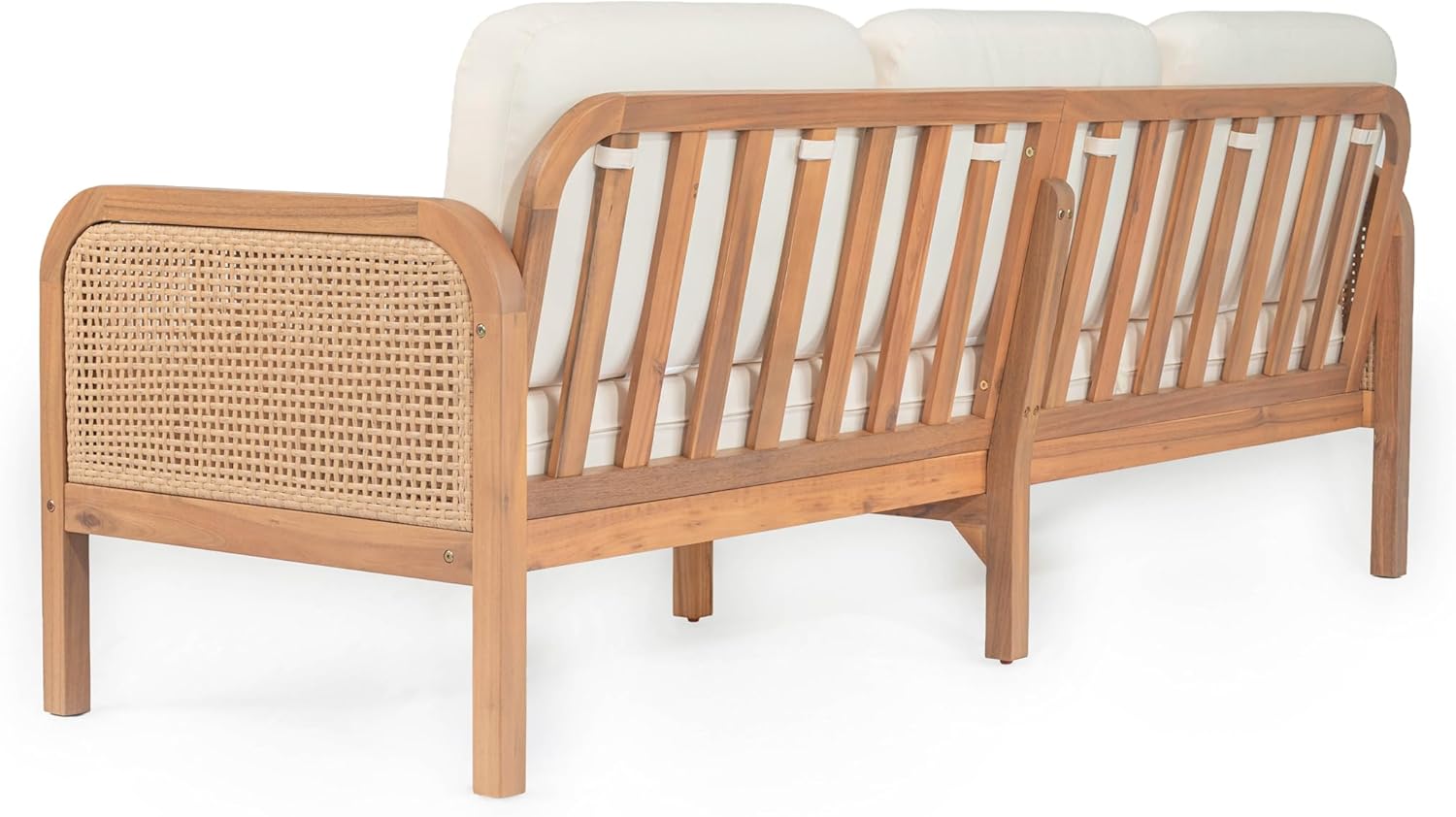 Christopher Knight Home Jidah Acacia Wood Outdoor 3 Seater Sofa with PE Wicker Armrest, Solid Wood Patio Sofa with Removable Cushion, Comfy Lounge Sofa for Patio Furniture Set, Light Teak+Beige