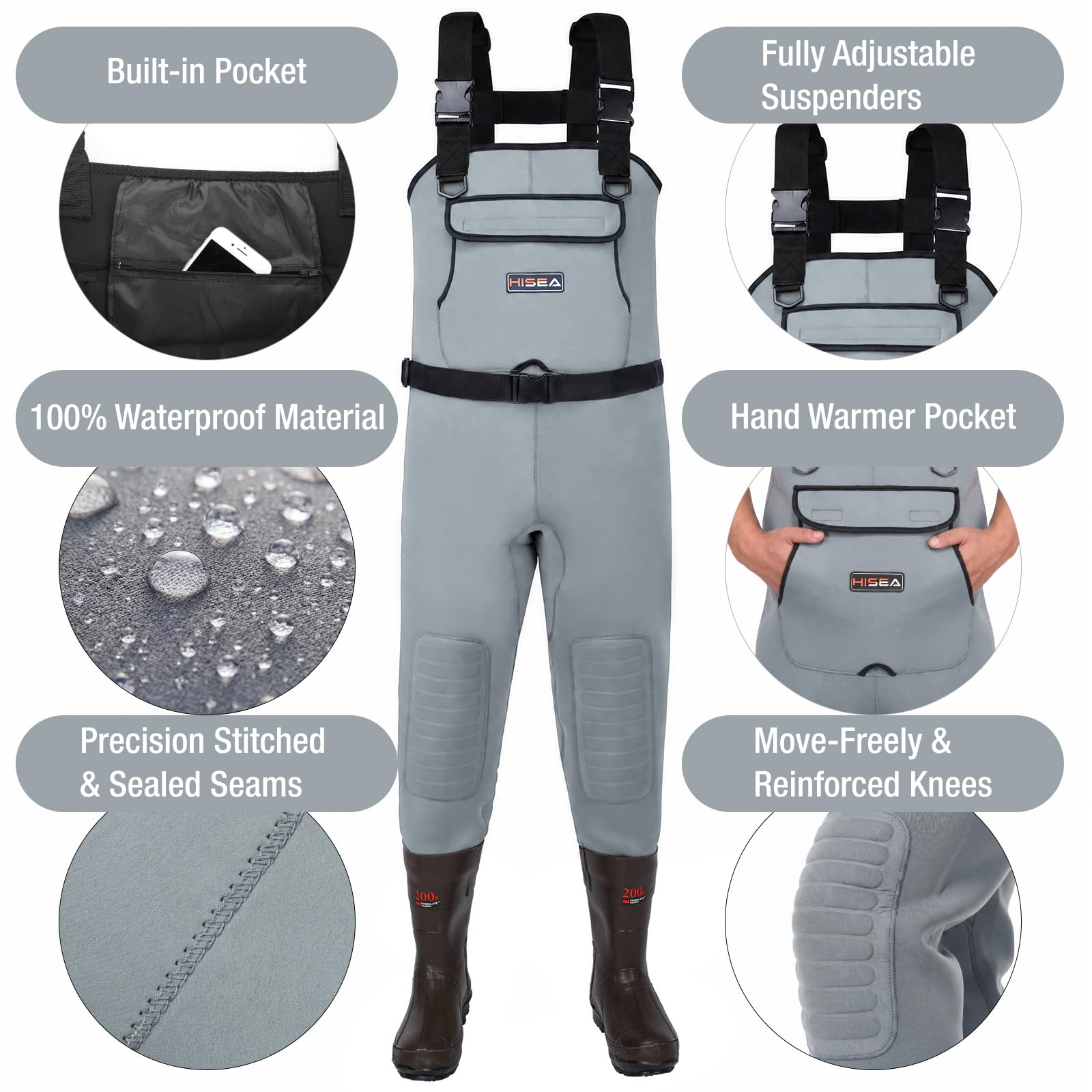 HISEA Trampolieri da uomo, impermeabili in neoprene da 4,5 mm, per pesca e caccia, con stivali, da uomo e donna | Stivali isolati in neoprene da 4,5 mm, 200 g, con gancio per stivali, per pesca e caccia alle anatre