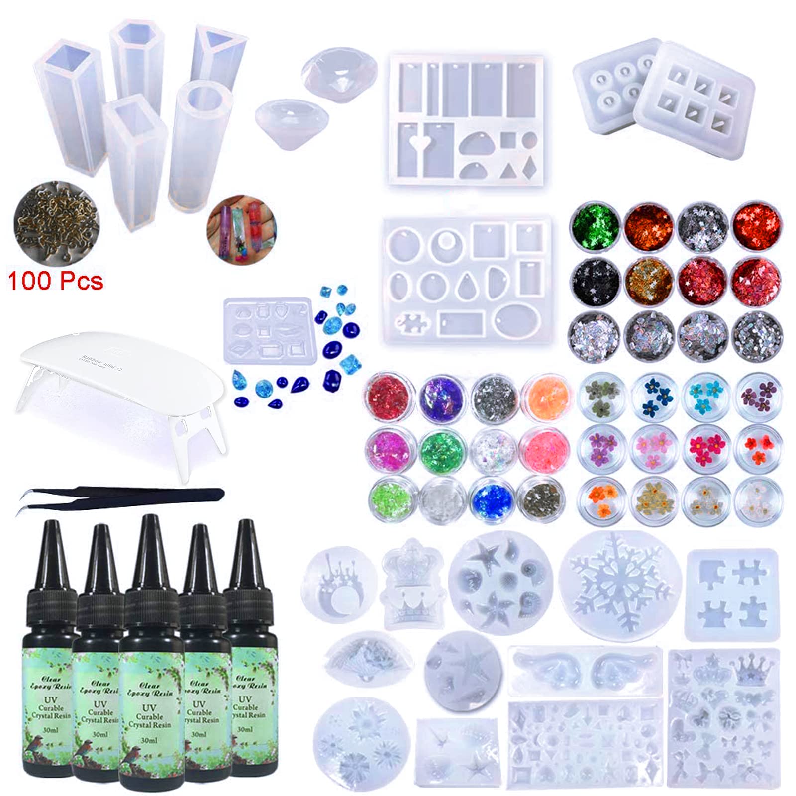 Resina epossidica UV trasparente Kit da 210ml 15 Stampi in silicone 15 Shimmer Pigment 12 Glitter 9 Open Back Bezels + Traceless Tape for Crafts Pendenti con gioielli Orecchini Making