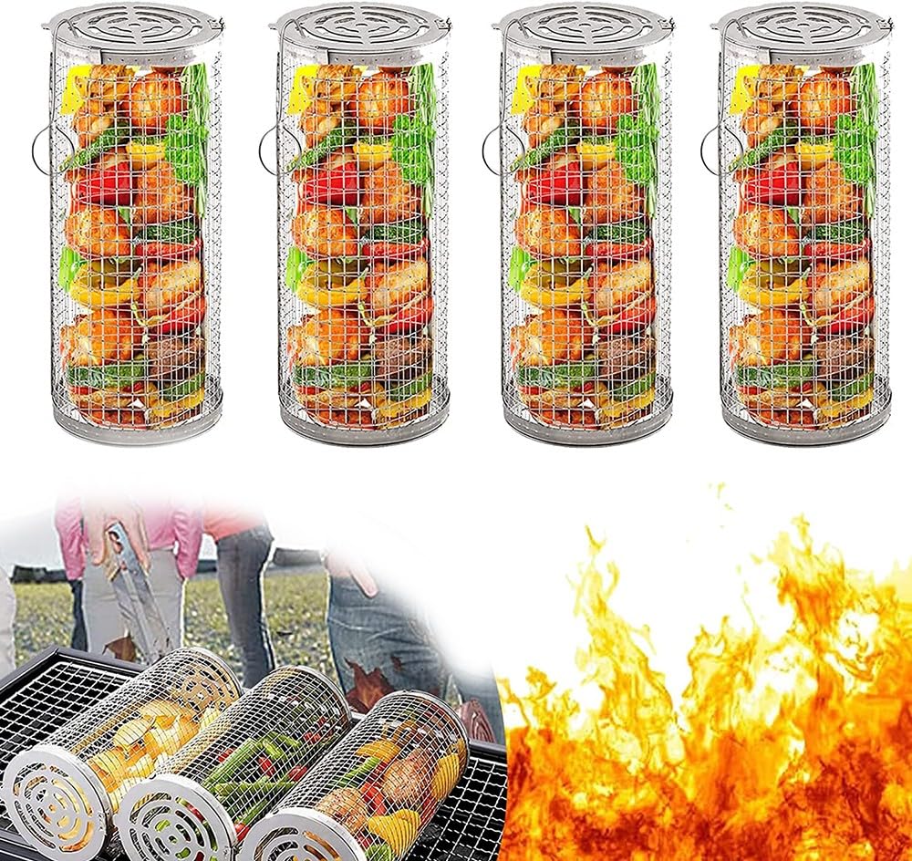 Cestino cilindrico per barbecue, Cestello per Griglia Rotante, Cestello per Barbecue in Acciaio Inossidabile, Cestini per Grigliare pentole per Grigliare Verdure Pesce Carne 4pc,30cm