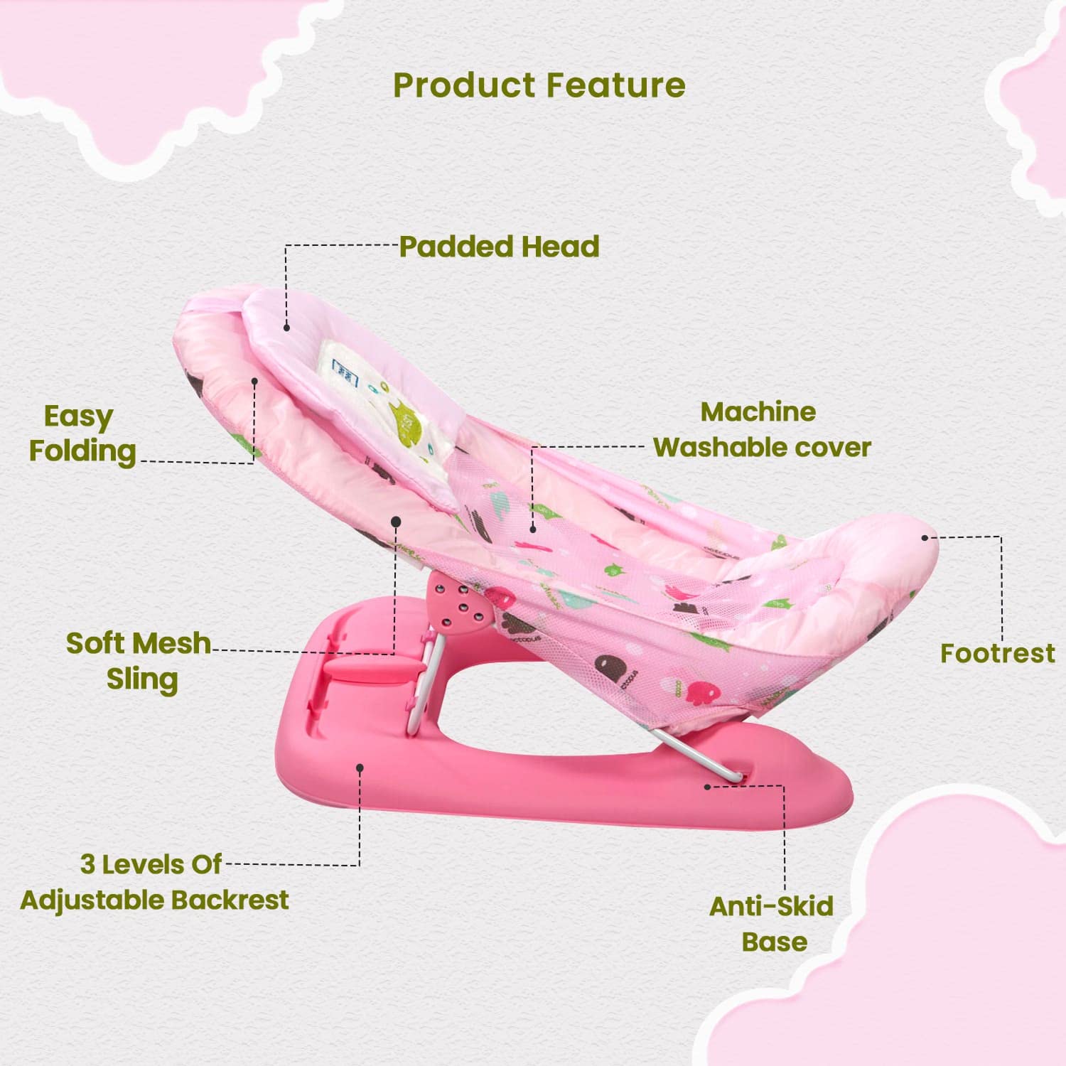 Mee Mee New Born Spacious Baby Bather Bath Chair For 0-12 Months | Easy Flat Folding, Washable Soft Mesh Large Seat And Foot Rest | 3 Position Adjustable Chair | Anti Skid Base | For Babies Upto 5 Kg (Pink) - Image 3 thumbnail