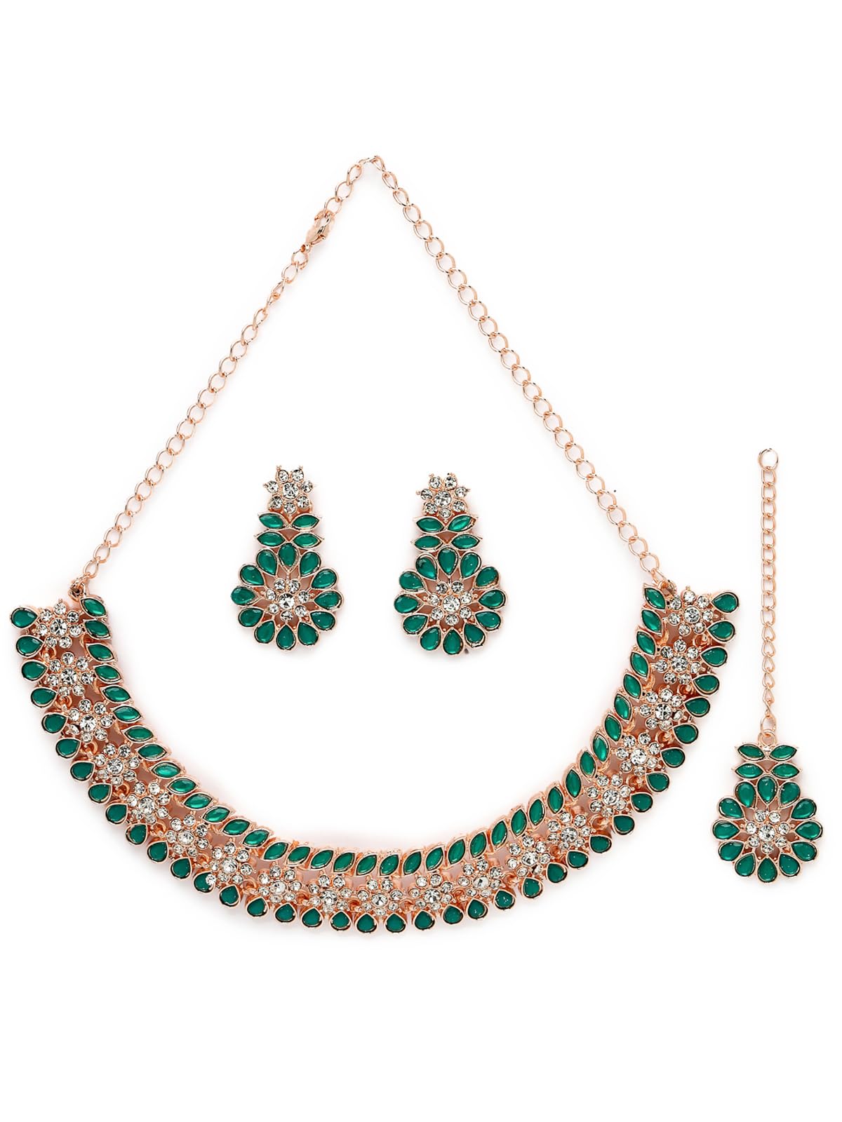 Sukkhi Admirable Fashionable AD Green Stones Collar Bone Necklace Set With Earring And Maangtika | Jewellery Set For Women (NS105557) (B0CBB869GG) Amazon Price History, Amazon Price Tracker