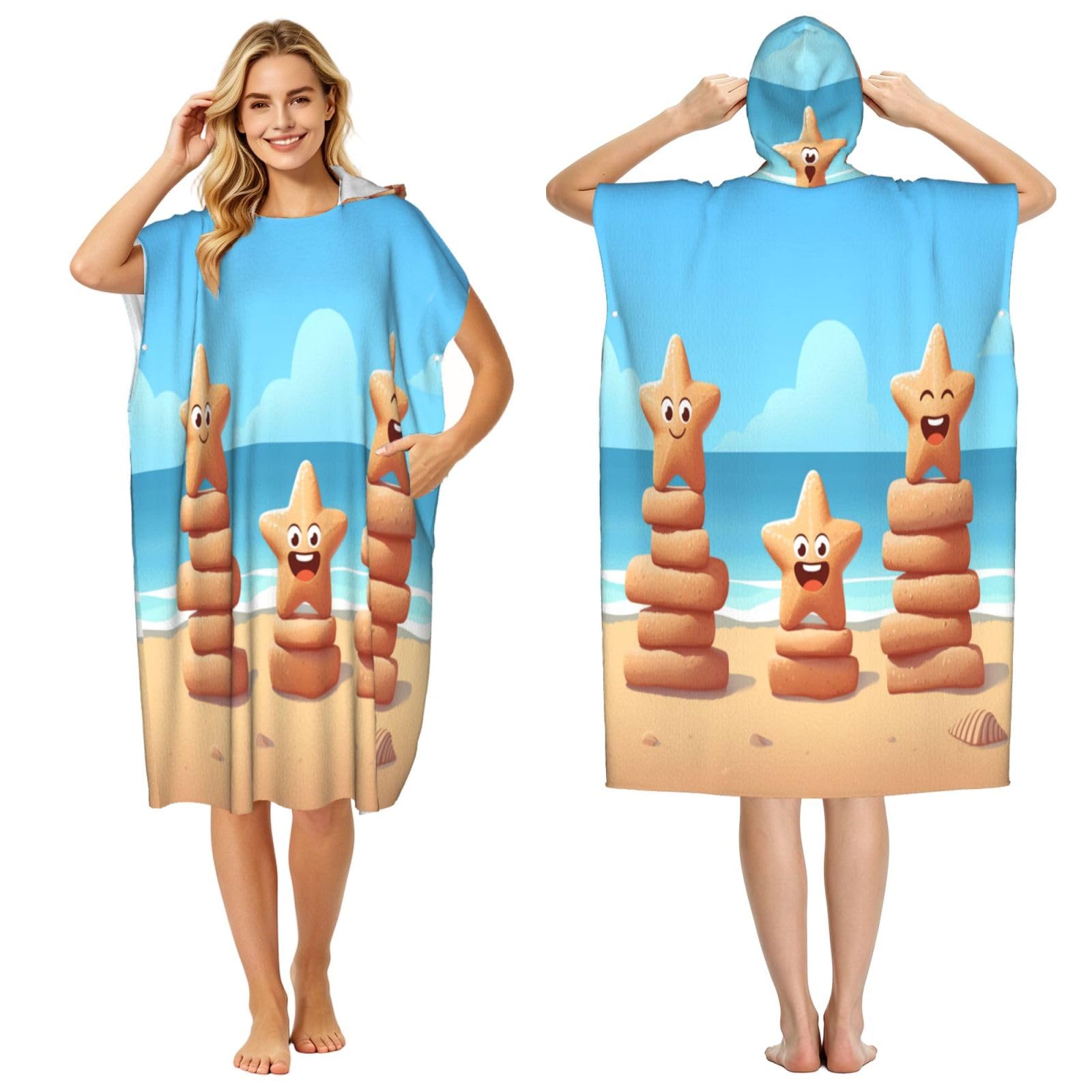 KLGRTJHK Cute Starfish Adult Hooded Beach Poncho Towel 43"X35"