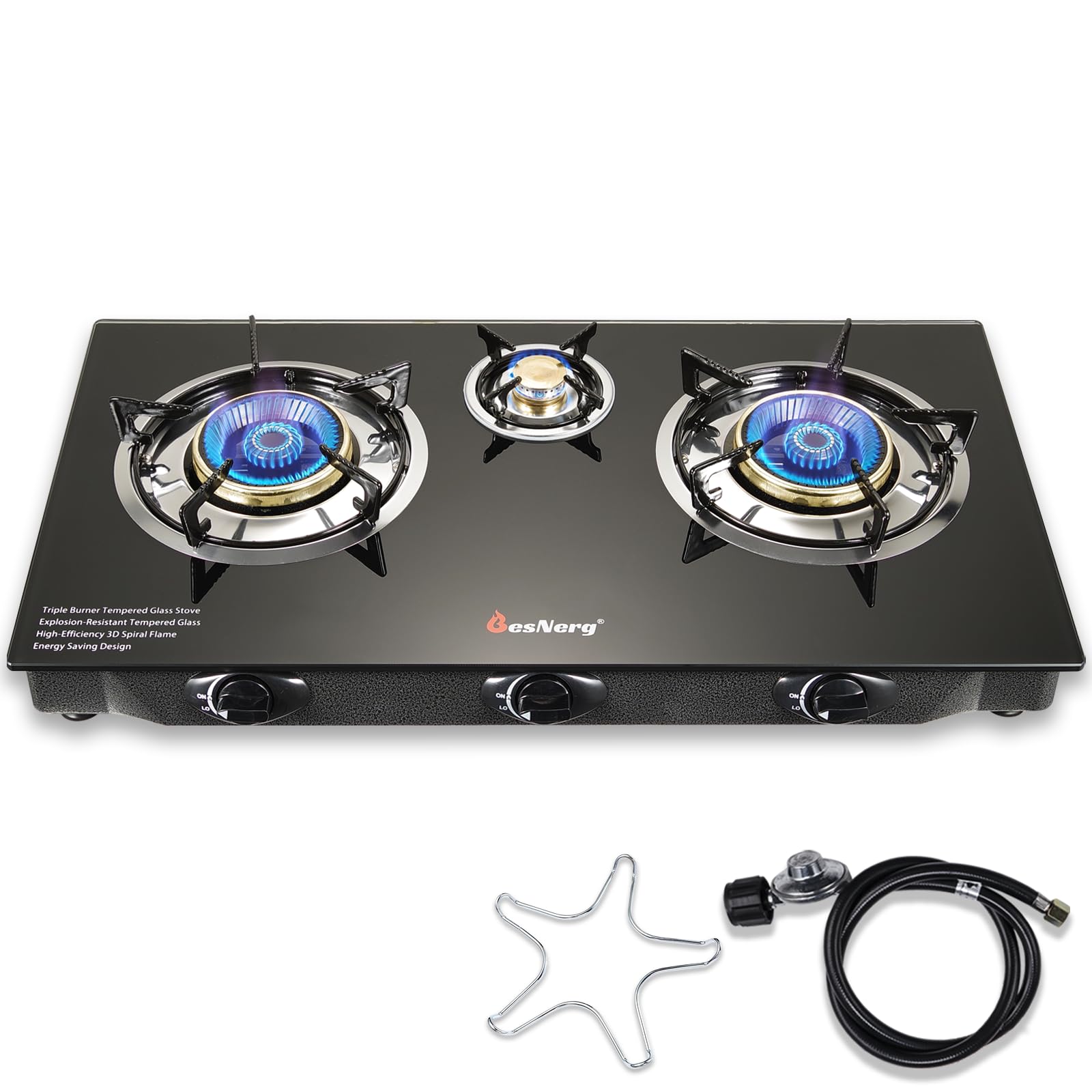 BesNerg Propane Stove 3 Burner Gas Stove, 34000 BTU High-Efficiency Auto Ignition Tempered Glass LPG Cooktop with CSA Regulator and Hose – for Outdoor Camping, RV, and Emergency Cooking