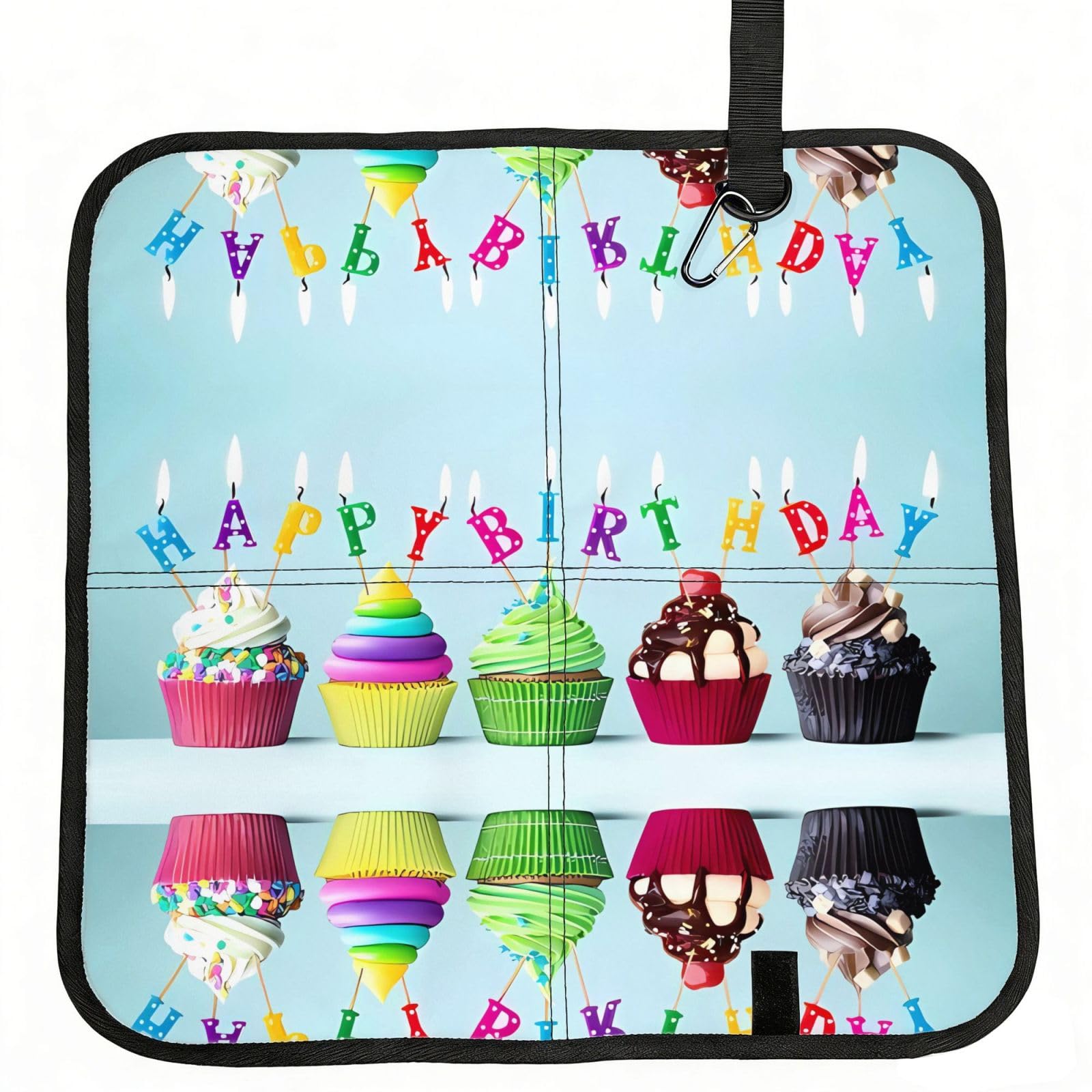 WBQLSL Colorful Happy Birthday Cupcakes Foldable Seat Cushion - Portable Stadium Pad with Carabiner for Camping Hiking Picnic Beach