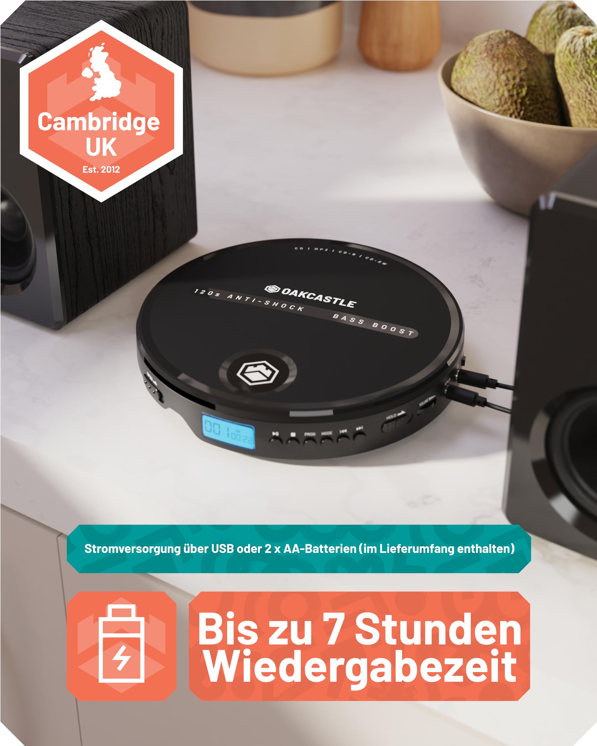 CD Player Tragbar | Discman Kopfhörern | 7 Stunden Akkulaufzeit Tragbarer | Bass Boost CD Spieler Tragbar | Anti-Skip Tragbare | AUX Auto Kompatible | OAKCASTLE CD10