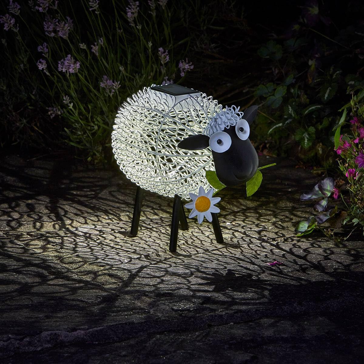 Festive Lights - 26cm Handmade Solar Powered Outdoor Sheep Garden Figurine Ornament - White & Colour Changing LED, Filigree Shadow Patterns, Powder Coated Steel, Weatherproof, Automatic Dusk Sensor