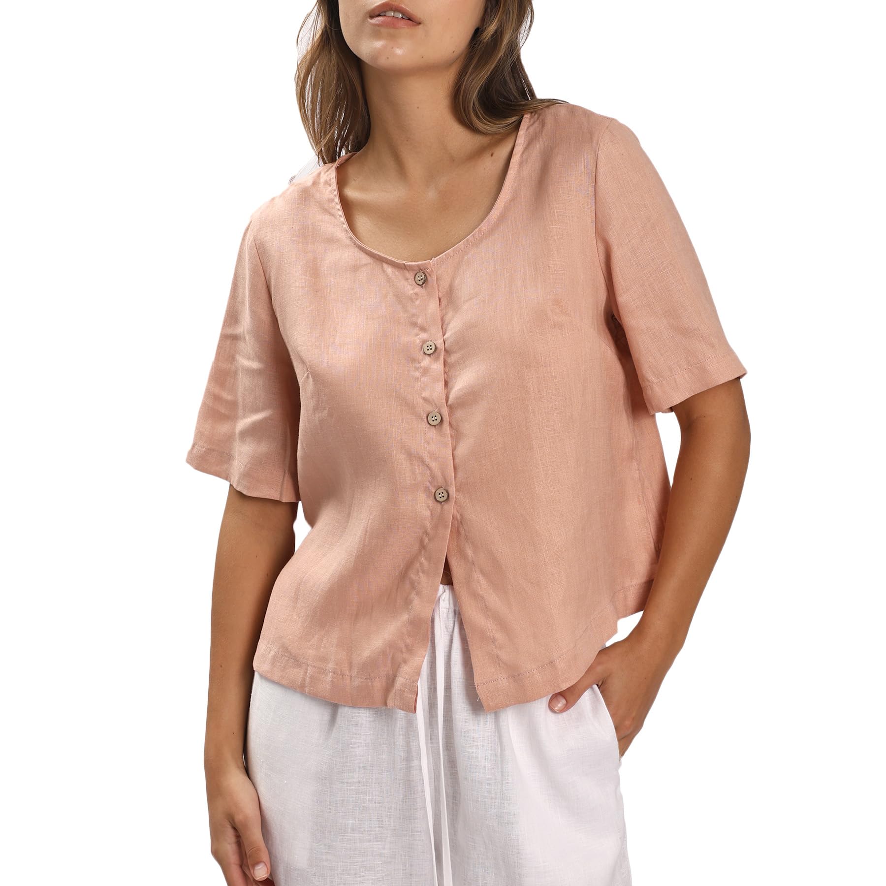 Amazhiyu Camicetta da donna in 100% lino, estiva, per il tempo libero, con scollo rotondo