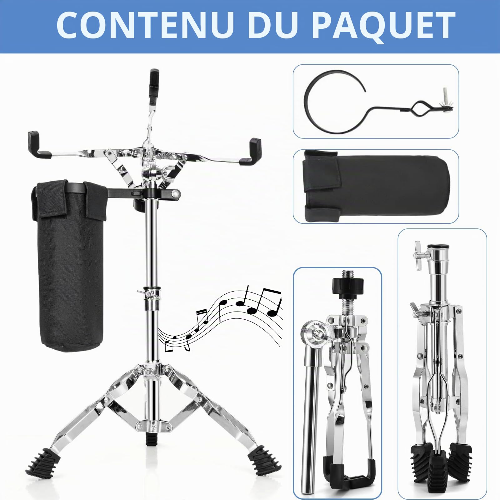 Youeon Support de caisse claire avec support de baguettes de batterie, trépied léger à double entretoise, convient pour caisse claire de 25,4 à 35,6 cm, hauteur réglable de 36,8 à 58,4 cm pour les