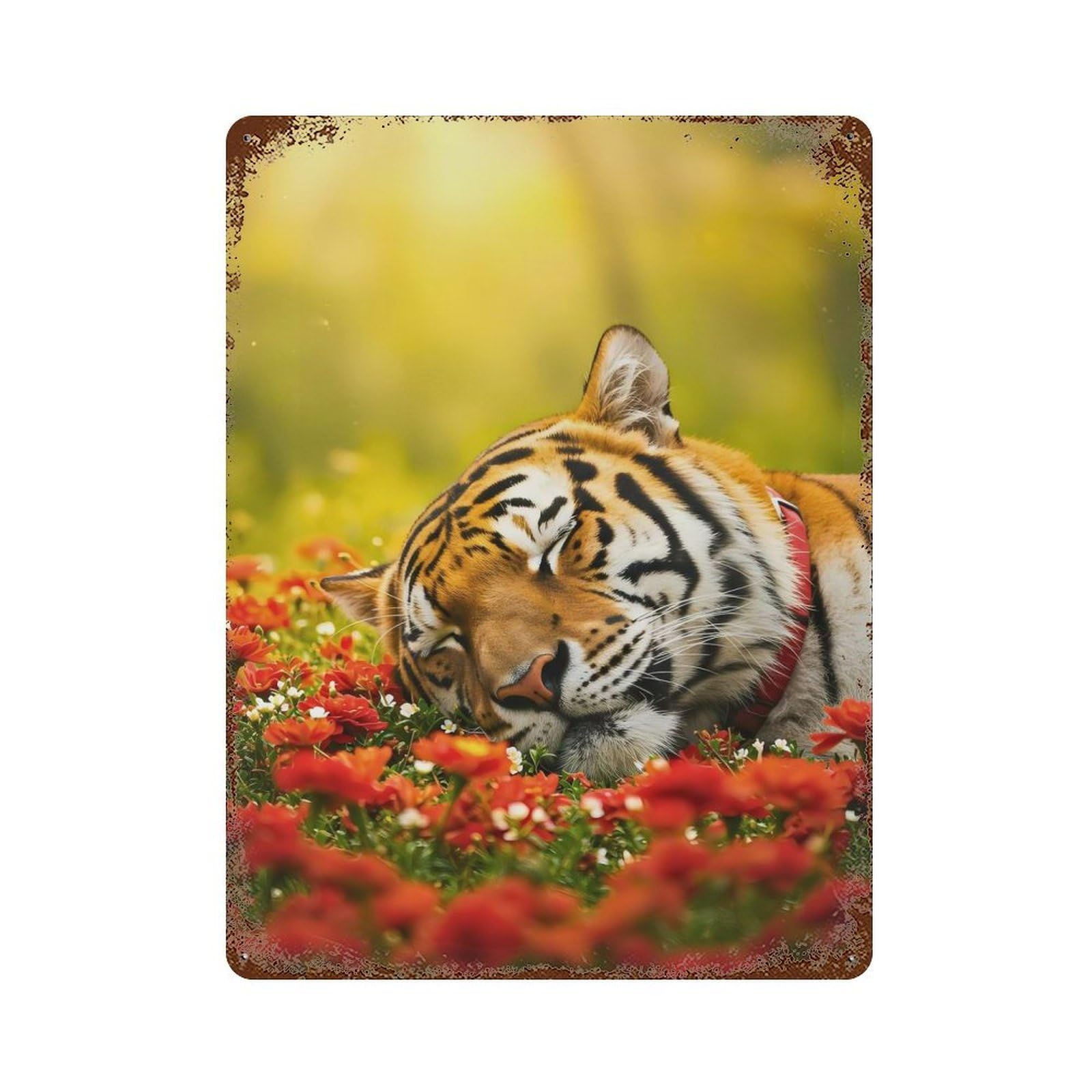 Sleeping Tiger in A Field of Flowers 15.7"x11.8" Vintage Rust Metal Sign, Shabby Chic Decor for Garage, Bar And Workshop Decor