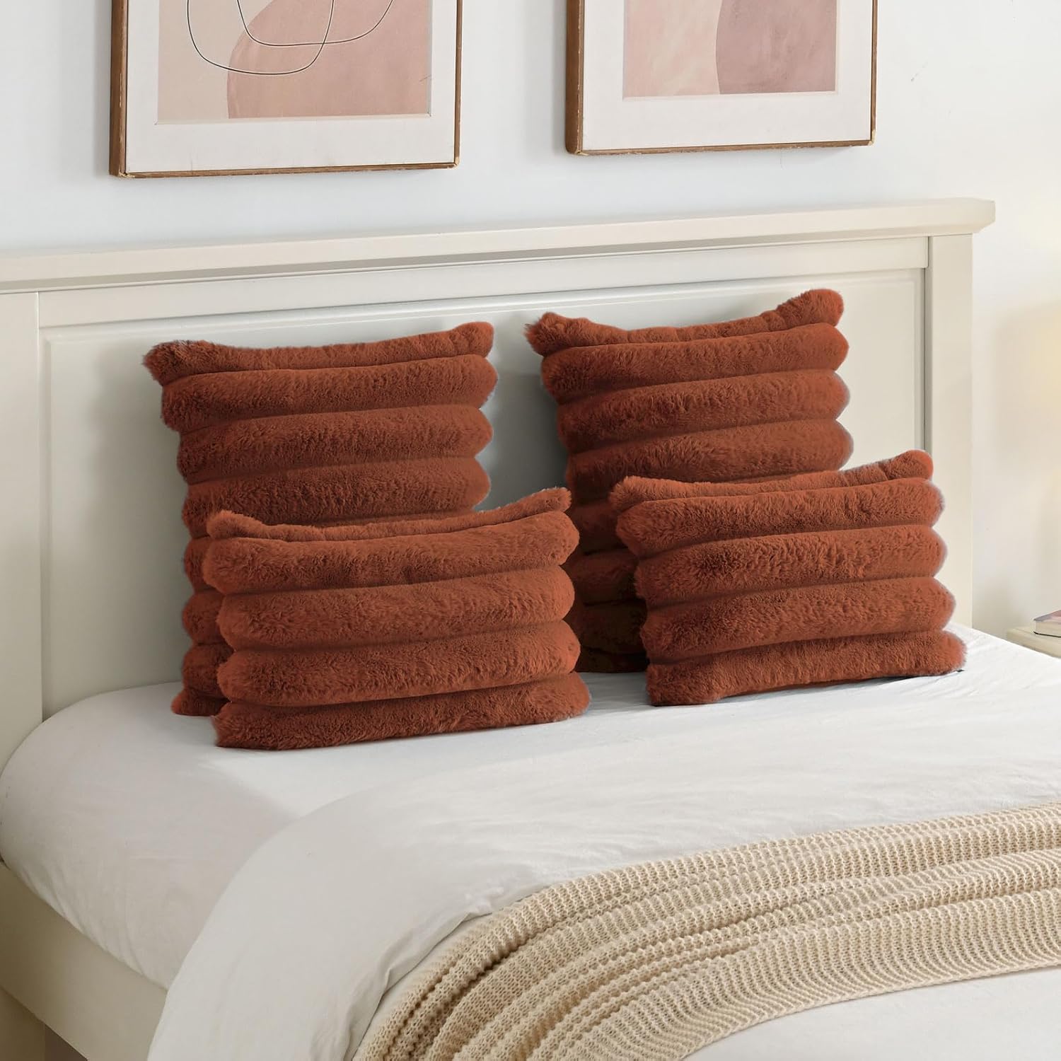 FUTEI Rust Decorative Throw Pillow Covers 18x18 Inch Set of 2, Square Soft Faux Rabbit Fur Big Striped Cushion Cover,Home Decor for Couch Sofa Bed Living Room