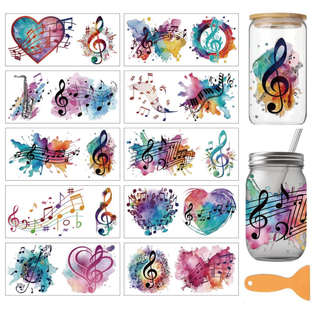 arricraft 10 Sheets Musical Note Theme UV DTF Cup Wraps, 10 Styles Color Splash Musical Notes PVC Transfer Stickers Waterproof Rub Decals for 16 OZ Glass Cups Crafts 9.5x4.3Inch โ image 1