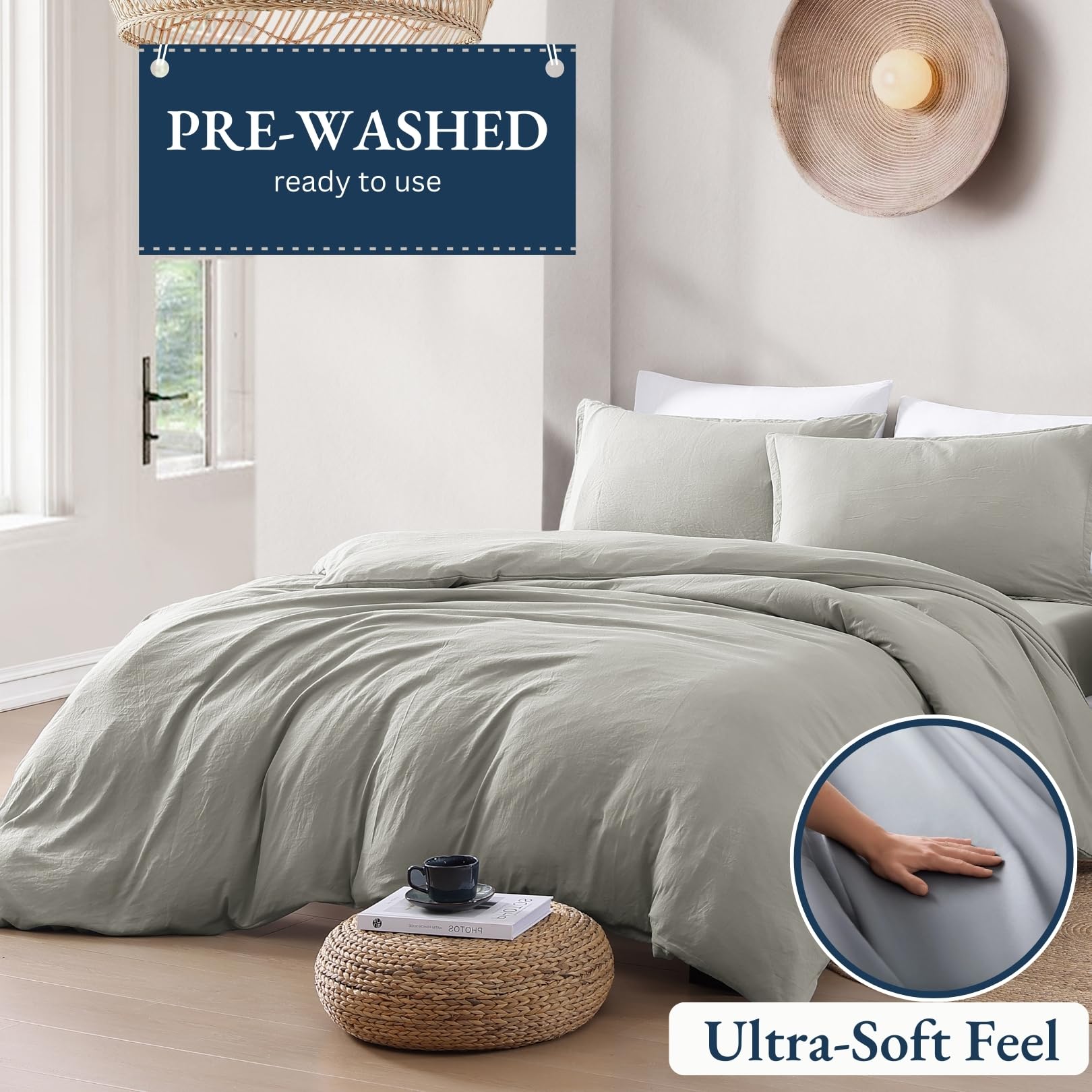 LANE LINEN 4-Piece Super King Bedding Set - Pre-Washed Microfiber Duvet Cover, Fitted Sheet, and Pillowcase - Cozy and Durable (Silver) - Image 2